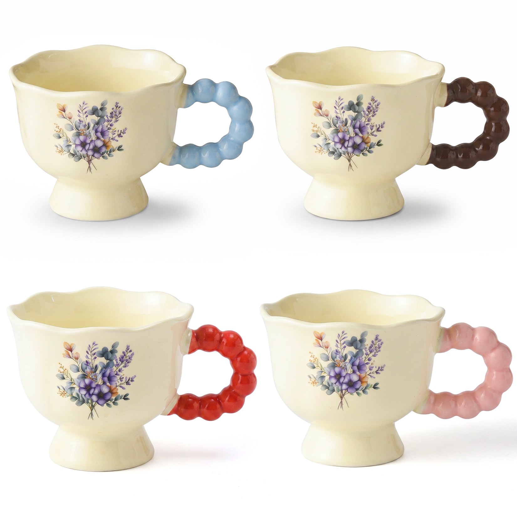 Garvee 4 Pack Ceramic Mugs with Flower Handle Set of 4 Colorful Unique Mugs for Office Home
