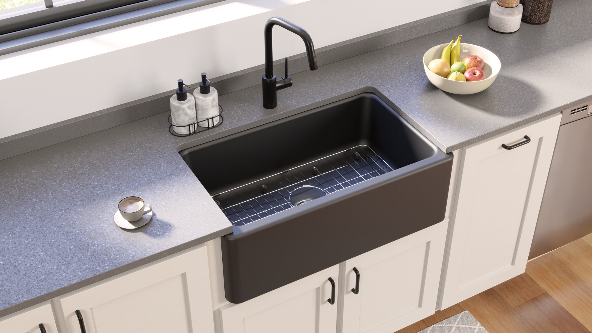 Farmhouse Apron Front 30-in x 18-in Matte Black Fireclay Single Bowl Kitchen Sink Stainless Steel | - allen + roth MC-20401YH