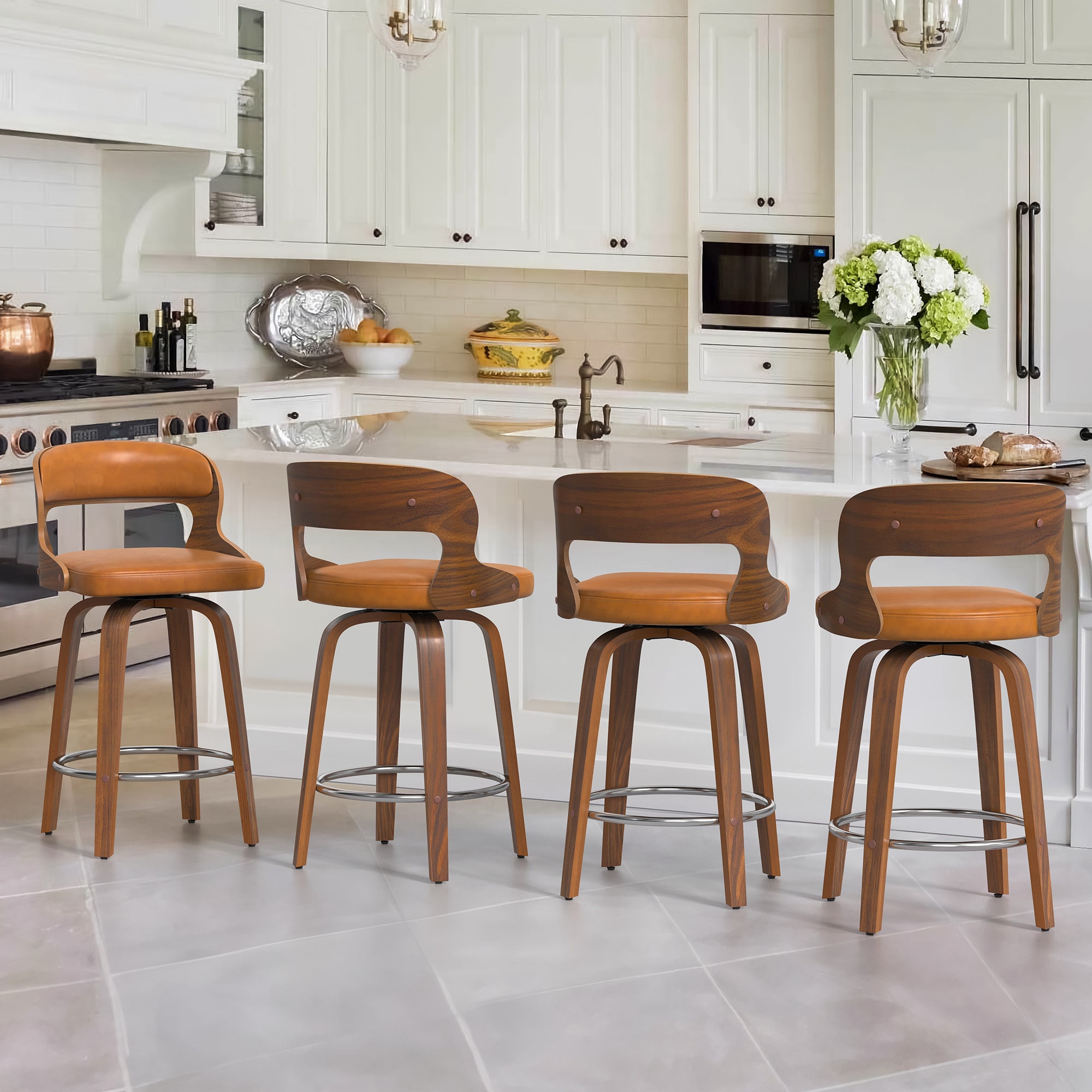 LUE BONA 4YB-042-06LS 4 -Set Brown/Faux leather 26-Inches H Counter height Square seat Upholstered Swivel Wood Bar Stool and Back