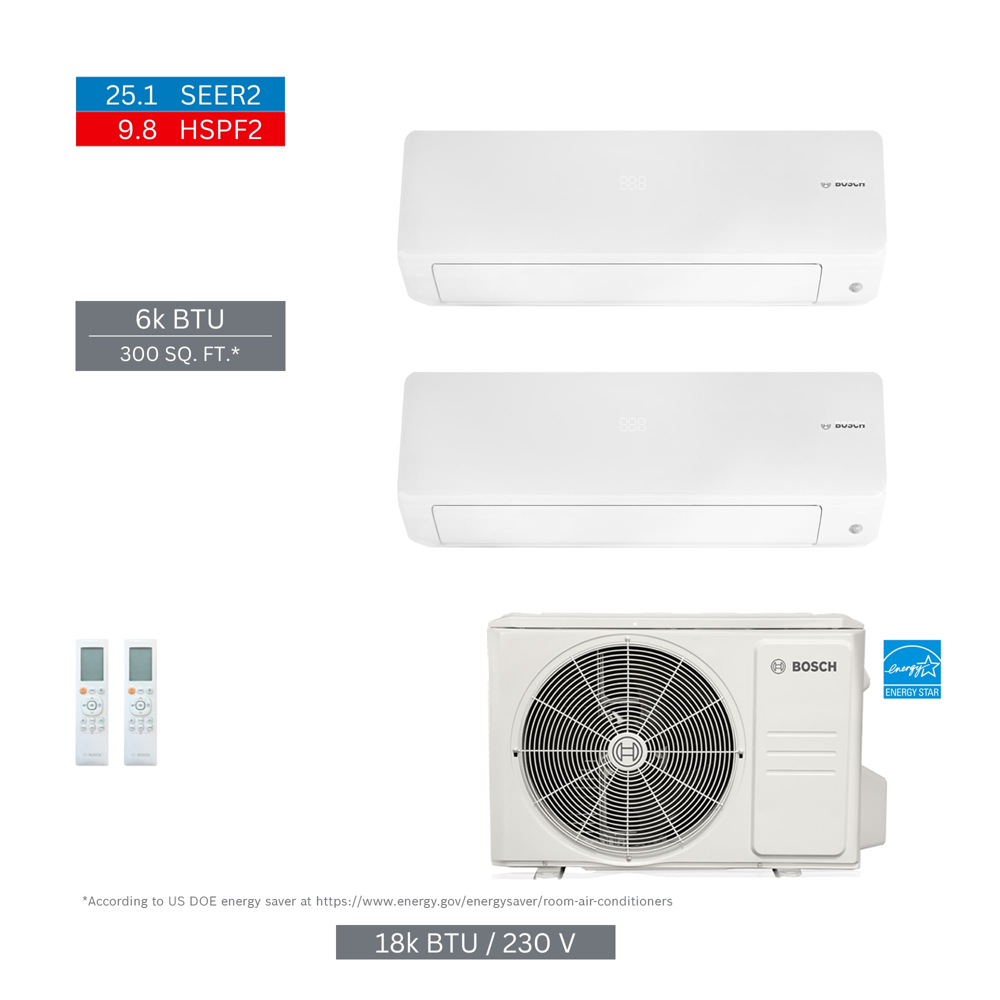 Bosch 8733980486 Climate 5000 Pro Pack Dual Zone 18000-BTU 25.1 SEER Ductless Mini Split Air Conditioner Heat Pump Included with 230-Volt