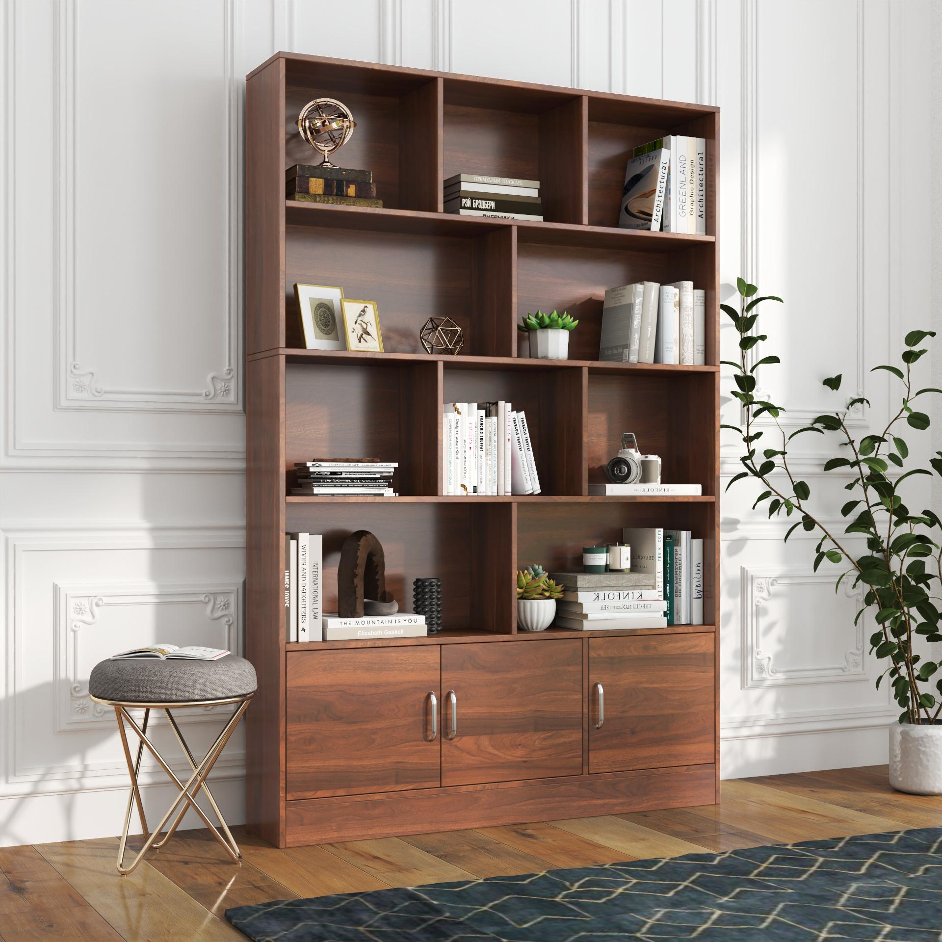 Bayfeve BF-188085-IN Bookcase with Cabinet Walnut Brown MDF 4 -Shelf Bookcase with Doors ( 47.24-in W x 70.87-in H x 9.45-in D ) Finished