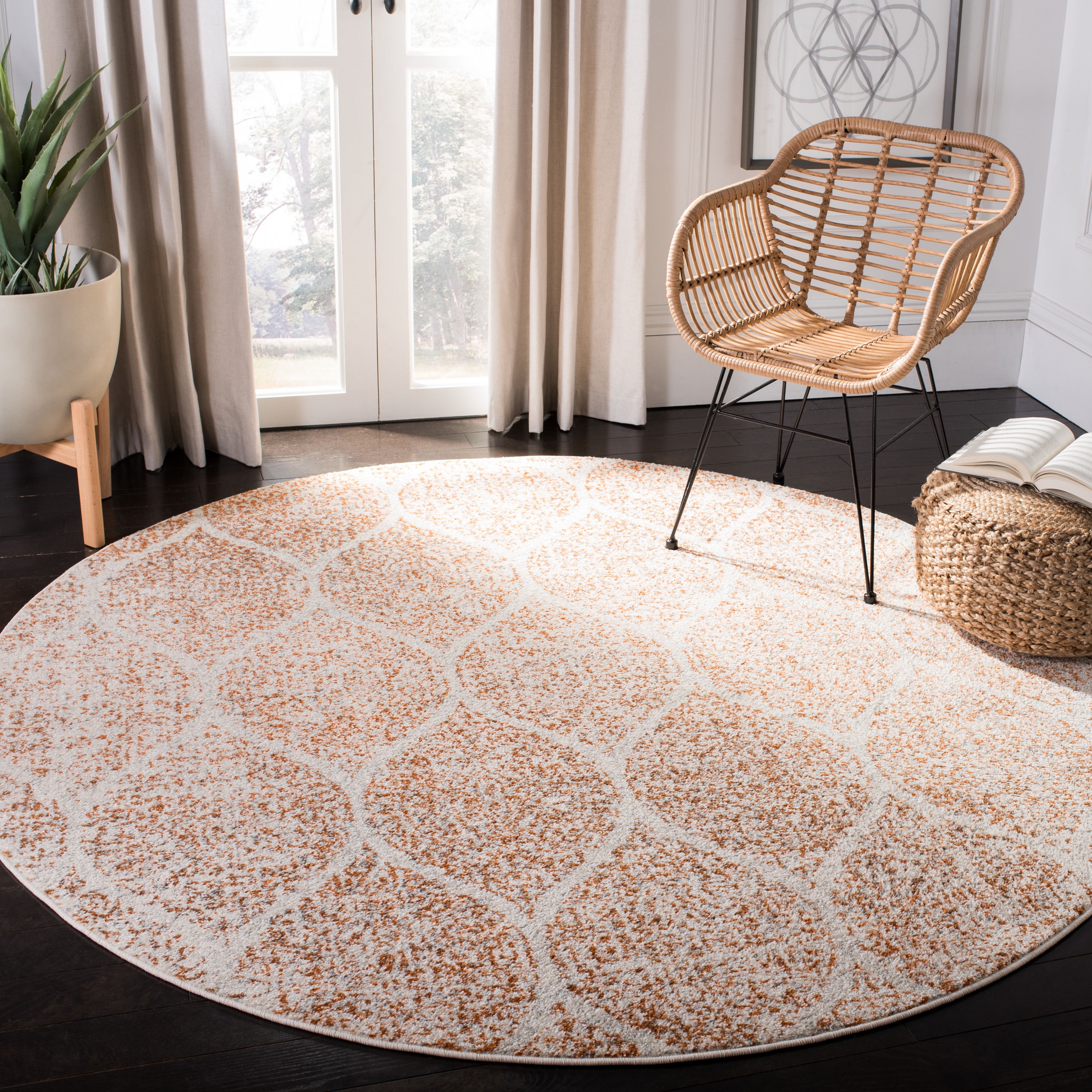 Safavieh MAD604H-7R Madison Westmont 7 x 7 (ft) Loomed Synthetic Cream/Orange Round Indoor Trellis Vintage Area rug