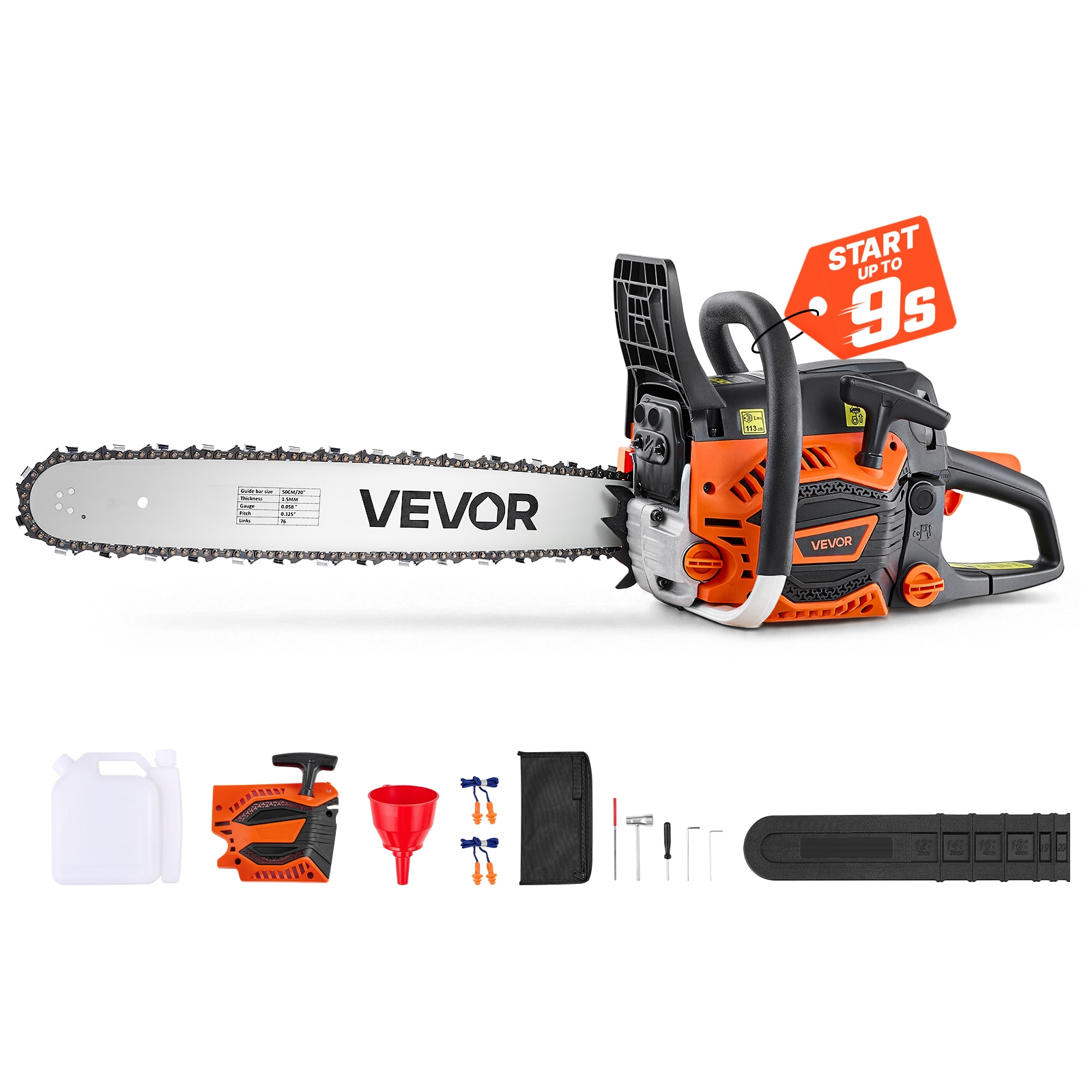 VEVOR Gas Powered Chainsaw 20 Inch 62CC 3.8HP 2 Stroke Engine Gas Chainsaw for Wood Cutting Tree Trimming and Land Clearing Throttle-Synced Choke Power Chain Saw with Non-Slip Handle and Dual Tanks