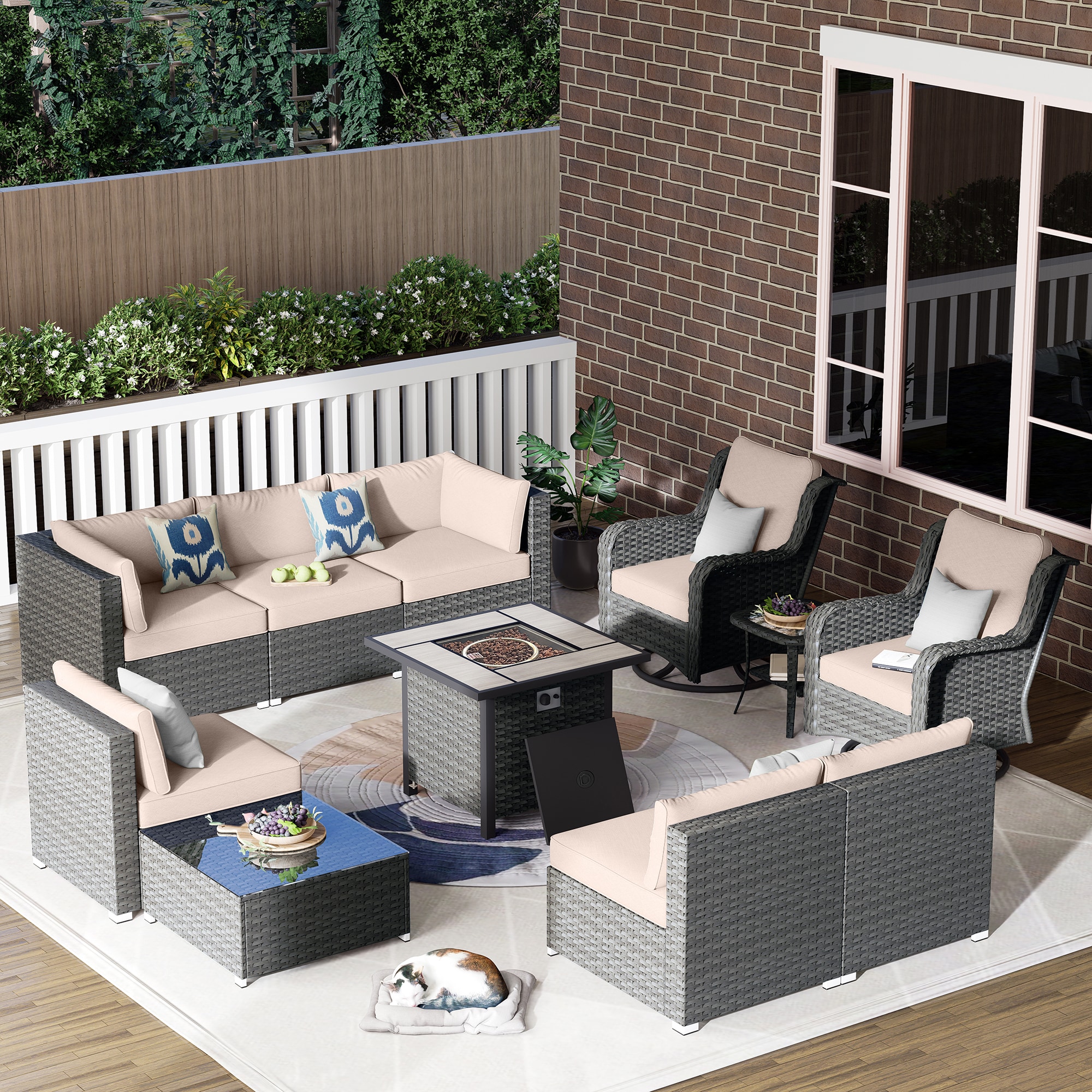 XIZZI XIHOP60L6FP Sunrise 10 -Piece Rattan Patio Sofa Conversation Set with Off-white Cushions
