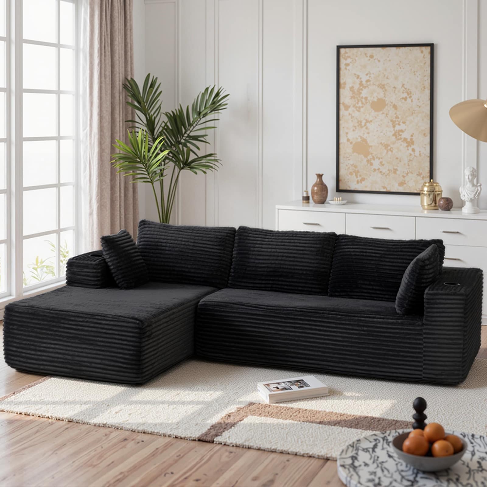 AOXUN -  105.5in Cloud Couch Corduroy Modular Sectional Sofa L-Shape Boneless Couch with Wide Arm...