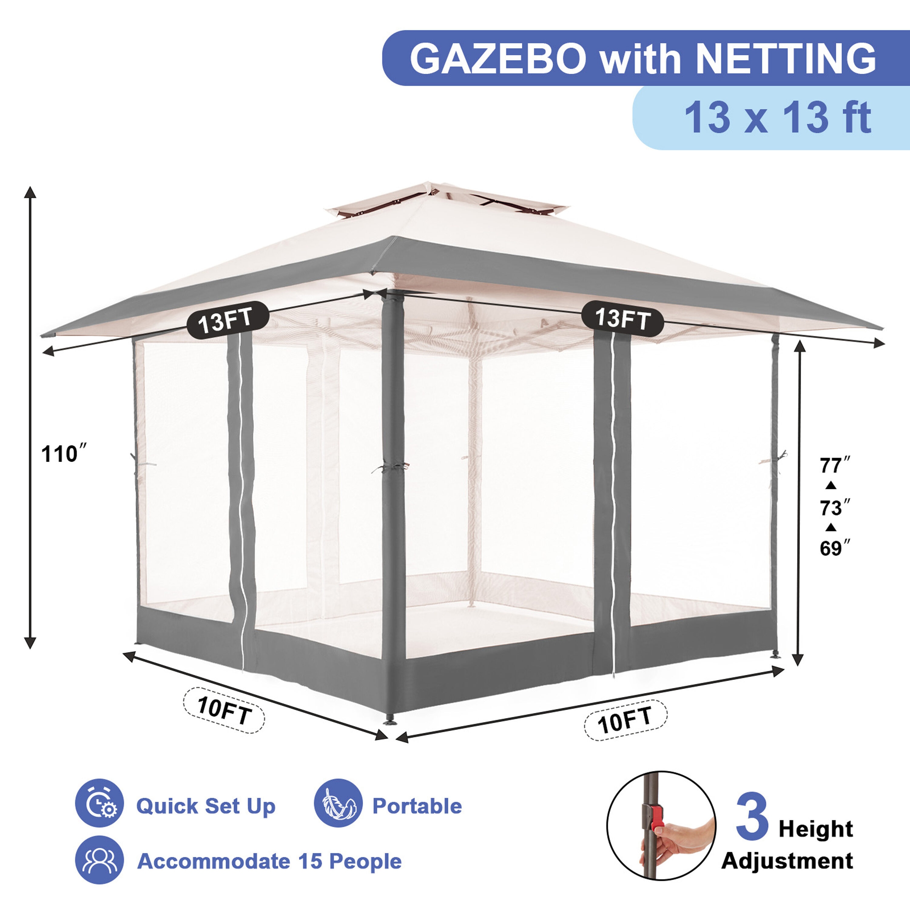 JEAREY 13-ft x 13-ft Outdoor gazebos Square Gay&Beige Metal Polyester ...