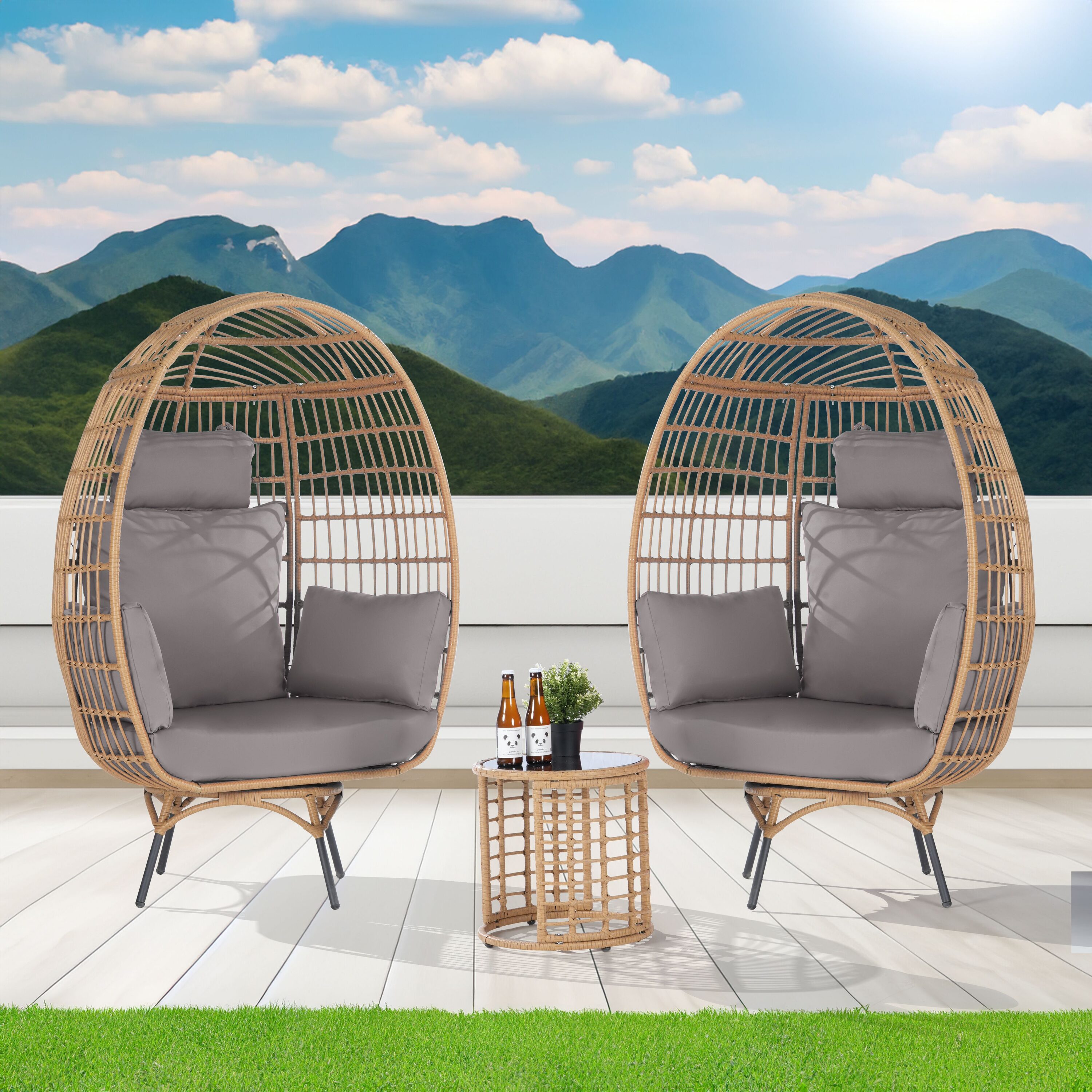 SANSTAR L-RJDC53LY-3P 3 -Piece Wicker Patio Conversation Set with Gray Cushions