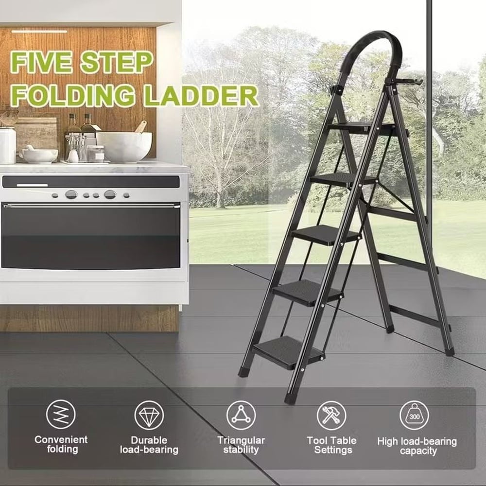 Fredees 5-Step Folding Steel Step Stool with Tool Tray and Anti-Slip Pedals 300 lb Capacity