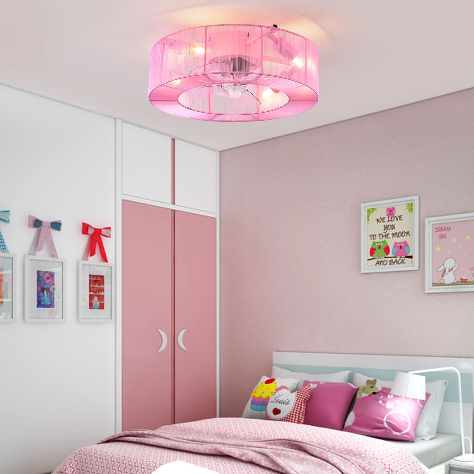 Oukaning 18-in Pink Indoor Flush Mount Ceiling Fan Light Kit 