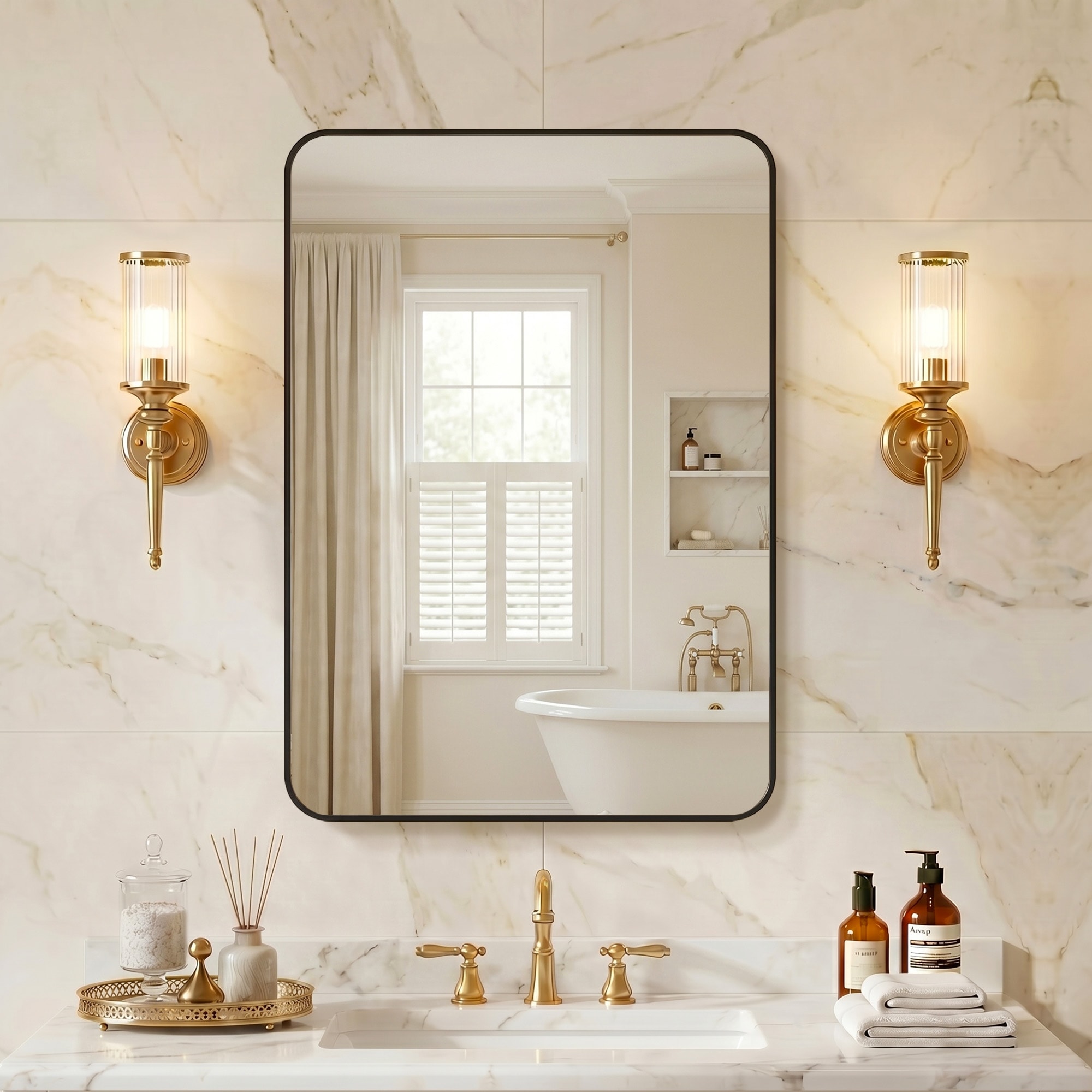 Sweetcrispy - 26-in W x 38-in H Rectangle Brushed Black Framed Wall Mirror Vertical/Horizontal