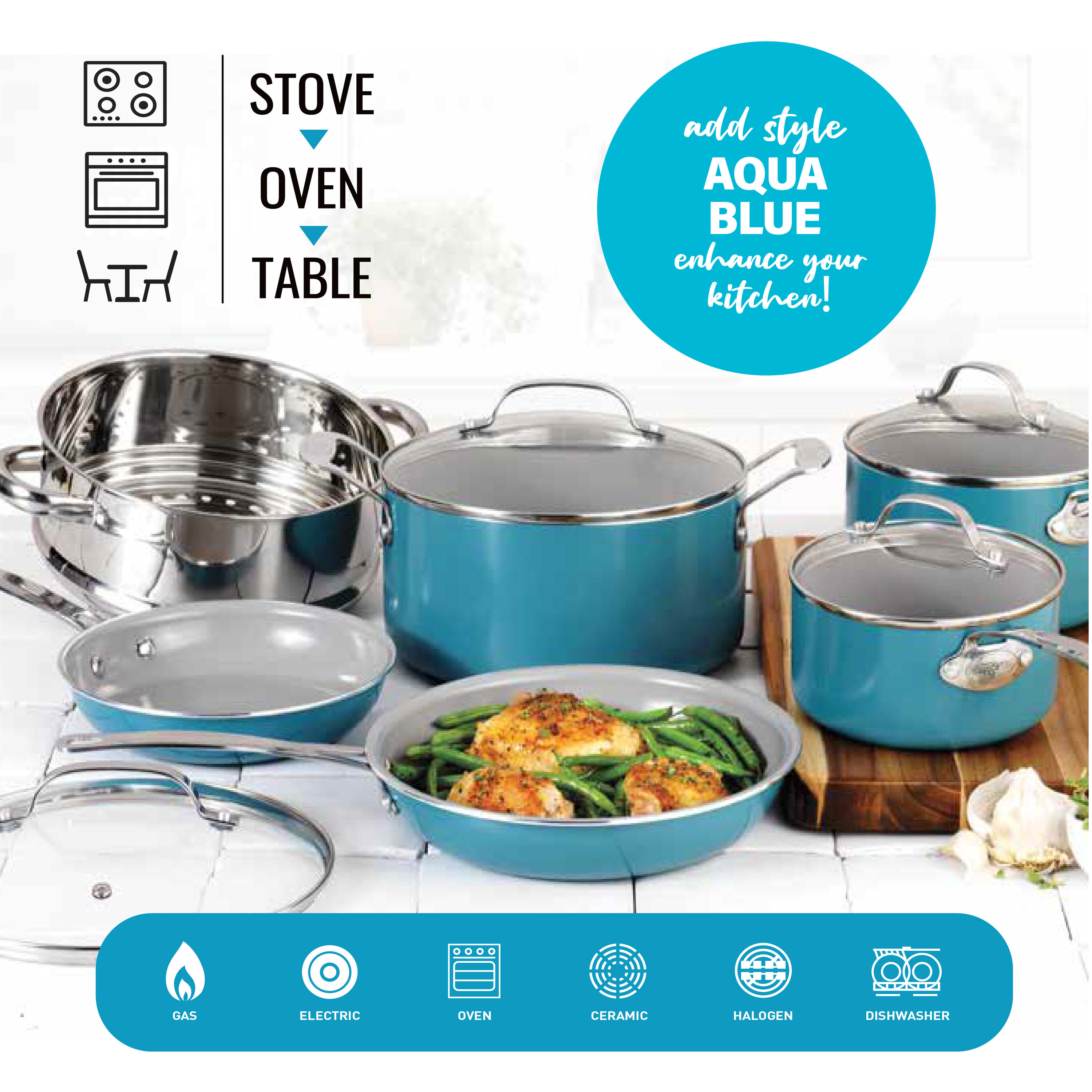 Gotham Steel Gotham Steel Aqua Blue 23.6-in Aluminum Cookware Set with Lid  in the Cooking Pans & Skillets department at
