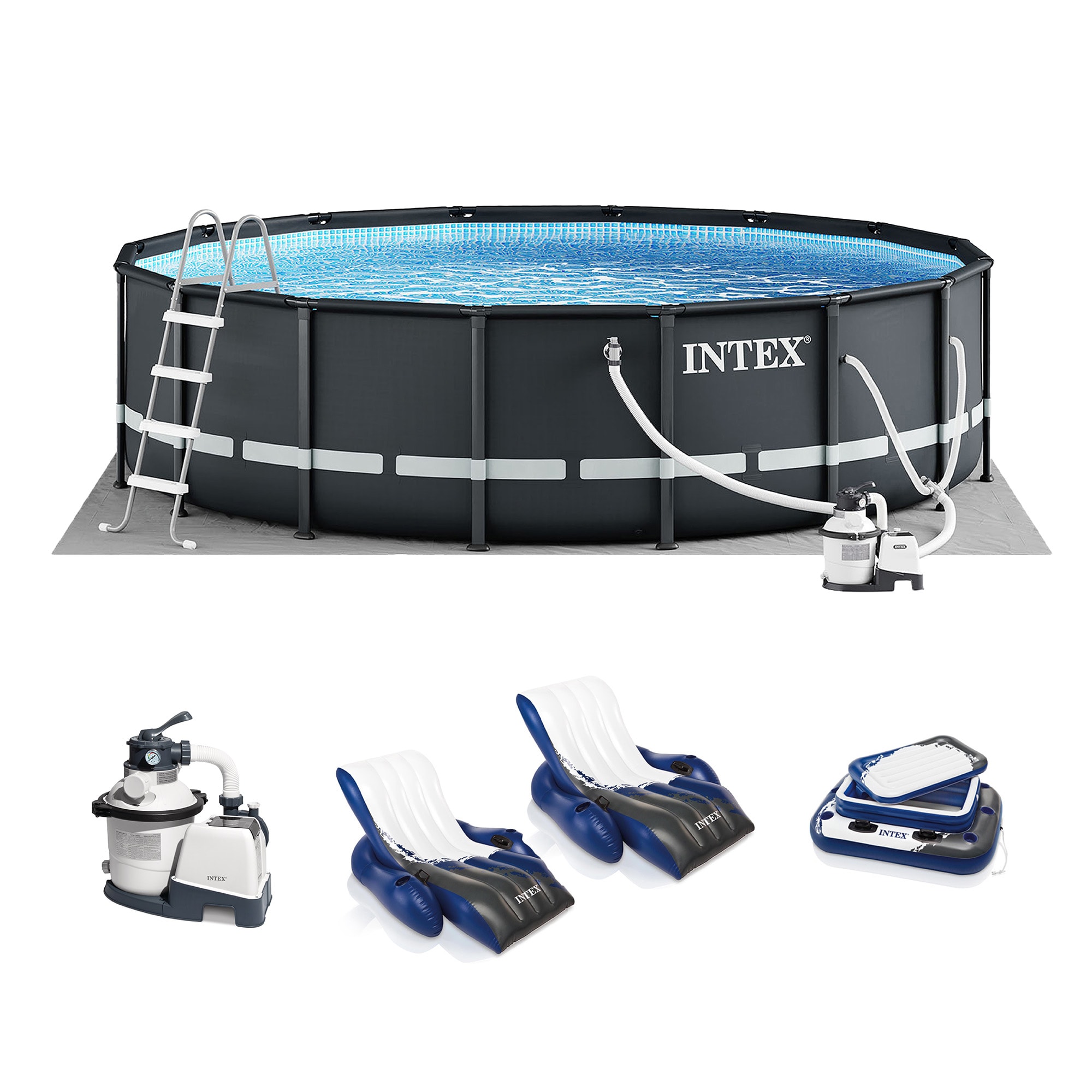 Intex 141197 16-ft x 16-ft x 48-in Metal frame Round Above-Ground Pool with Filter Pump with Ground Cloth with Pool Cover with Ladder