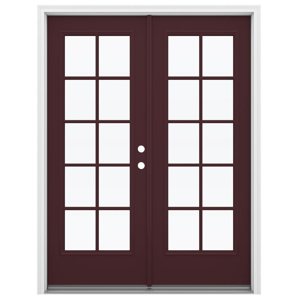 JELD-WEN French 60-in x 80-in x 4-9/16-in Jamb Low-e External Grilles Currant Steel French Left-Hand Inswing Double Patio Door Brickmould Included -  LOWOLJW192600015