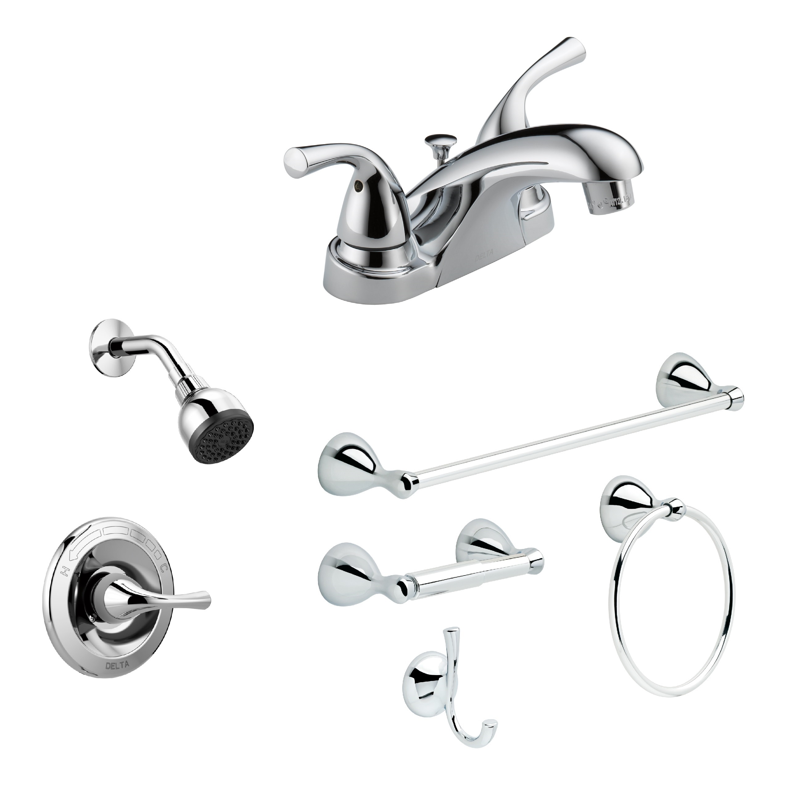 Delta  Foundations Chrome 4-in centerset 2-Handle Bathroom Sink Faucet and Shower Faucet with 4-Piece Decorative Bathroom Hardware Set with Towel Bar, Toilet Paper Holder, Towel Ring and Robe Hook