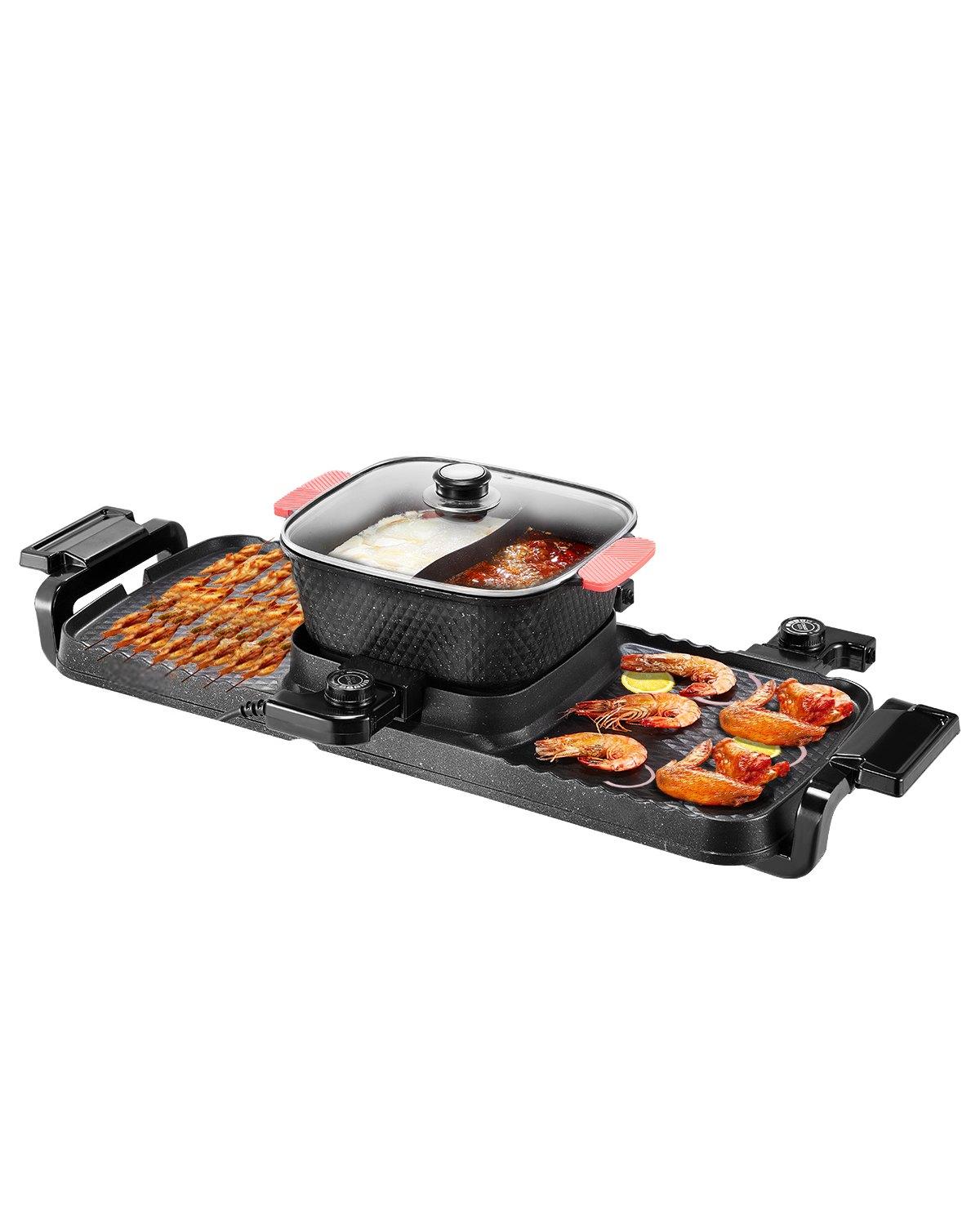 Mecale - Cast Aluminum 2300W 2-in-1 Electric Smokeless Grill and Hot Pot Combo with Detachable 3....