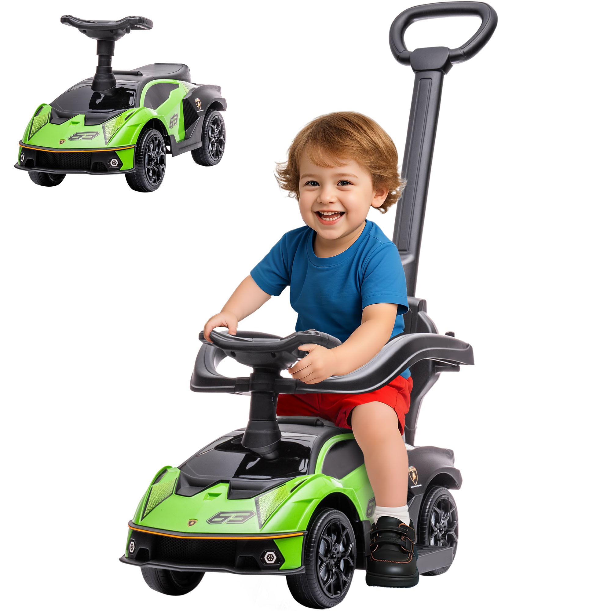 Aosom  Push Cars for Toddlers 3 in 1 Licensed Lamborghini Kids Toy Car Stroller Foot to Floor Ride On and Walking Car for Ages 1 3 Green