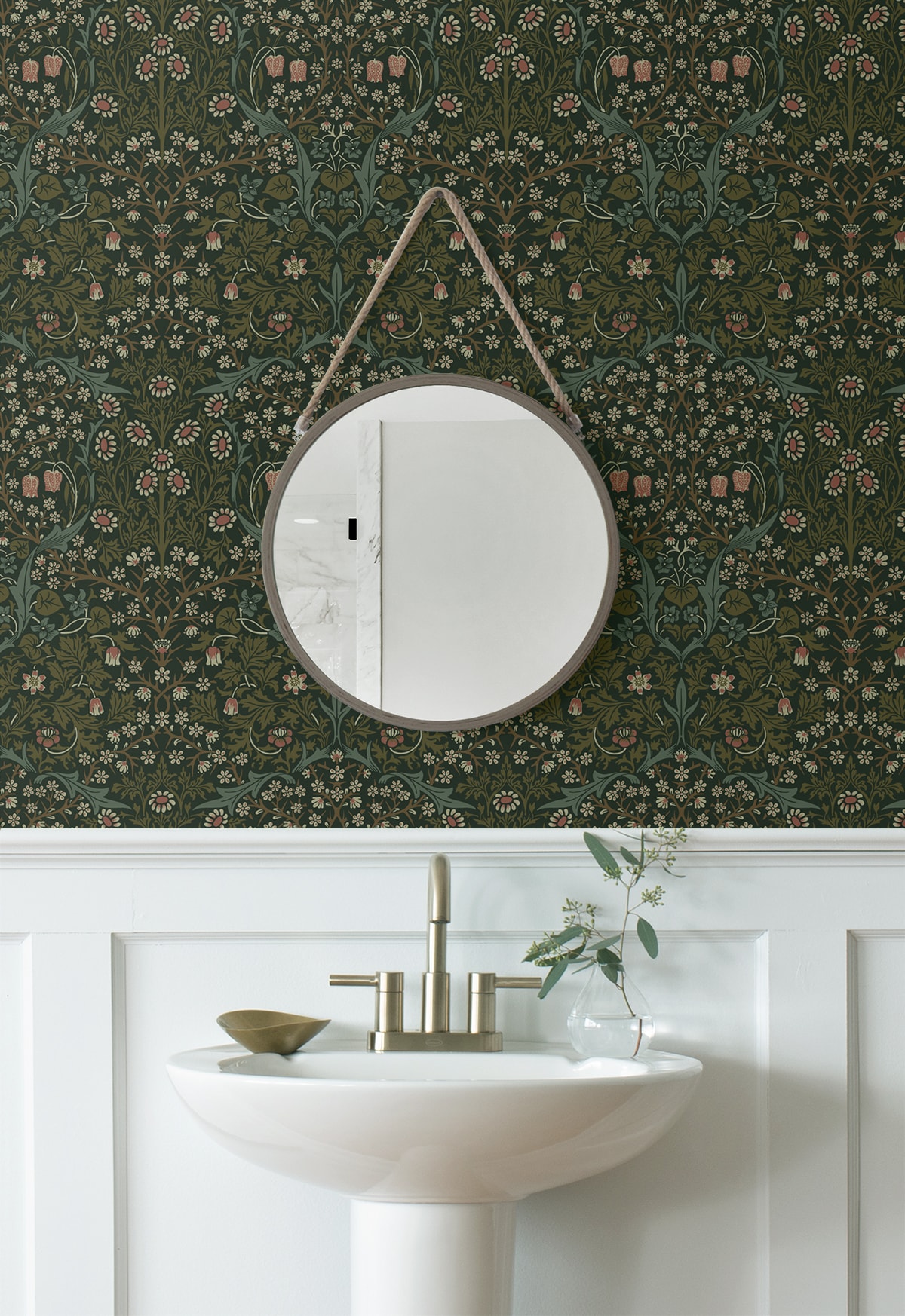 Victorian Garden Green Damask Self-Adhesive Peel and Stick Wallpaper