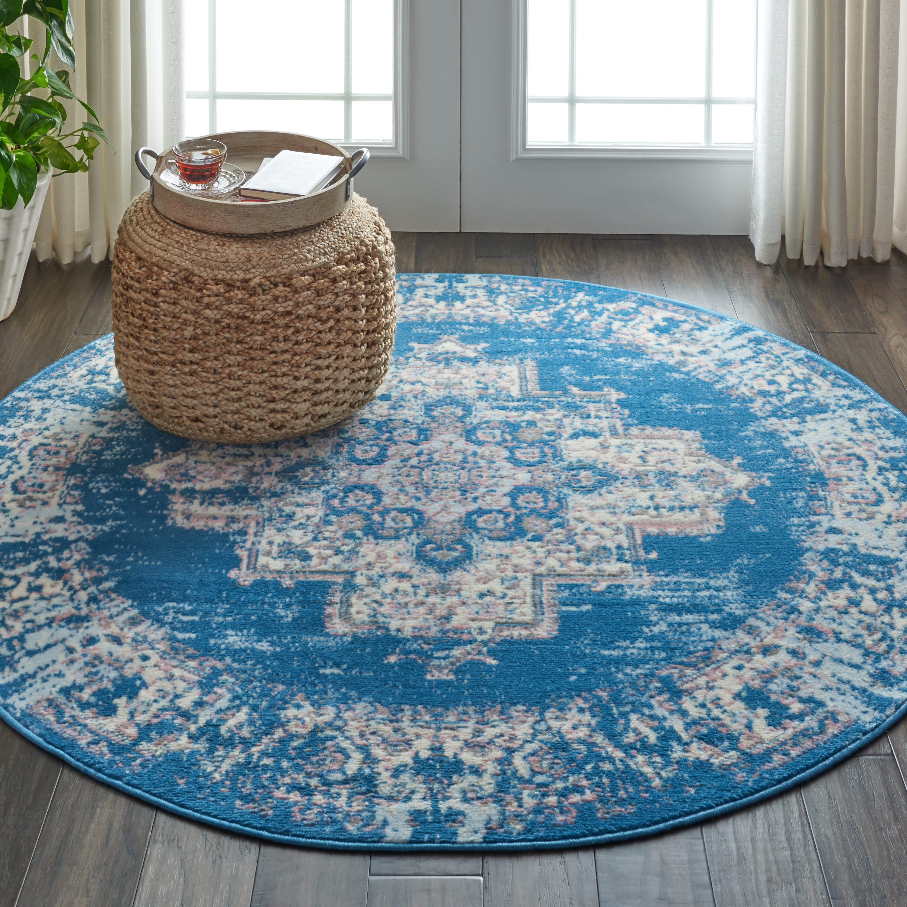 Nourison 99446481566 Grafix 5 x 5 (ft) Loomed Blue Round Indoor Medallion French Country Area rug