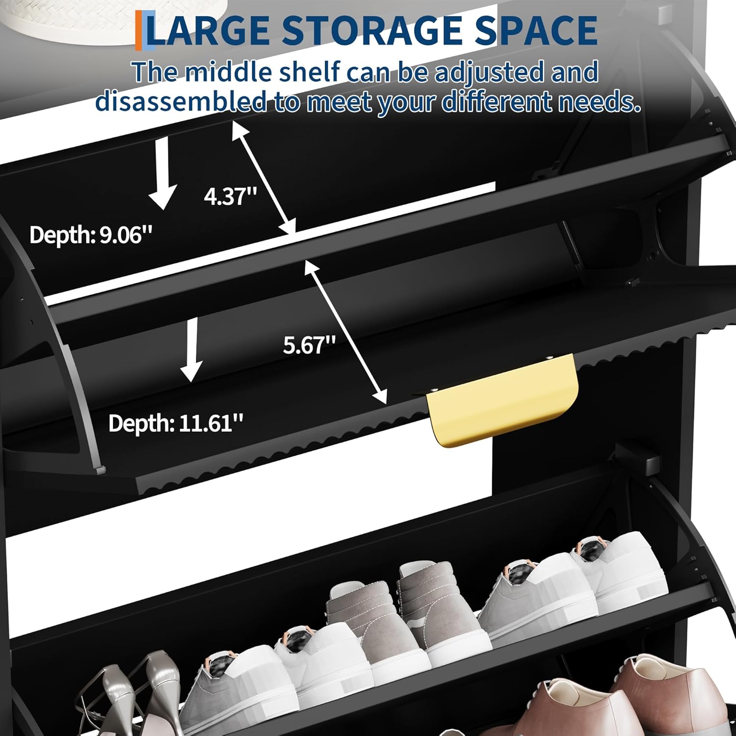 Qeetex Fluted Shoe Cabinet Storage for Entryway  Wood Shoe Rack with 2 Flip Drawers and Open Shelf  Modern Entryway Organizer for Foyer/Hallway/Entrance -Black