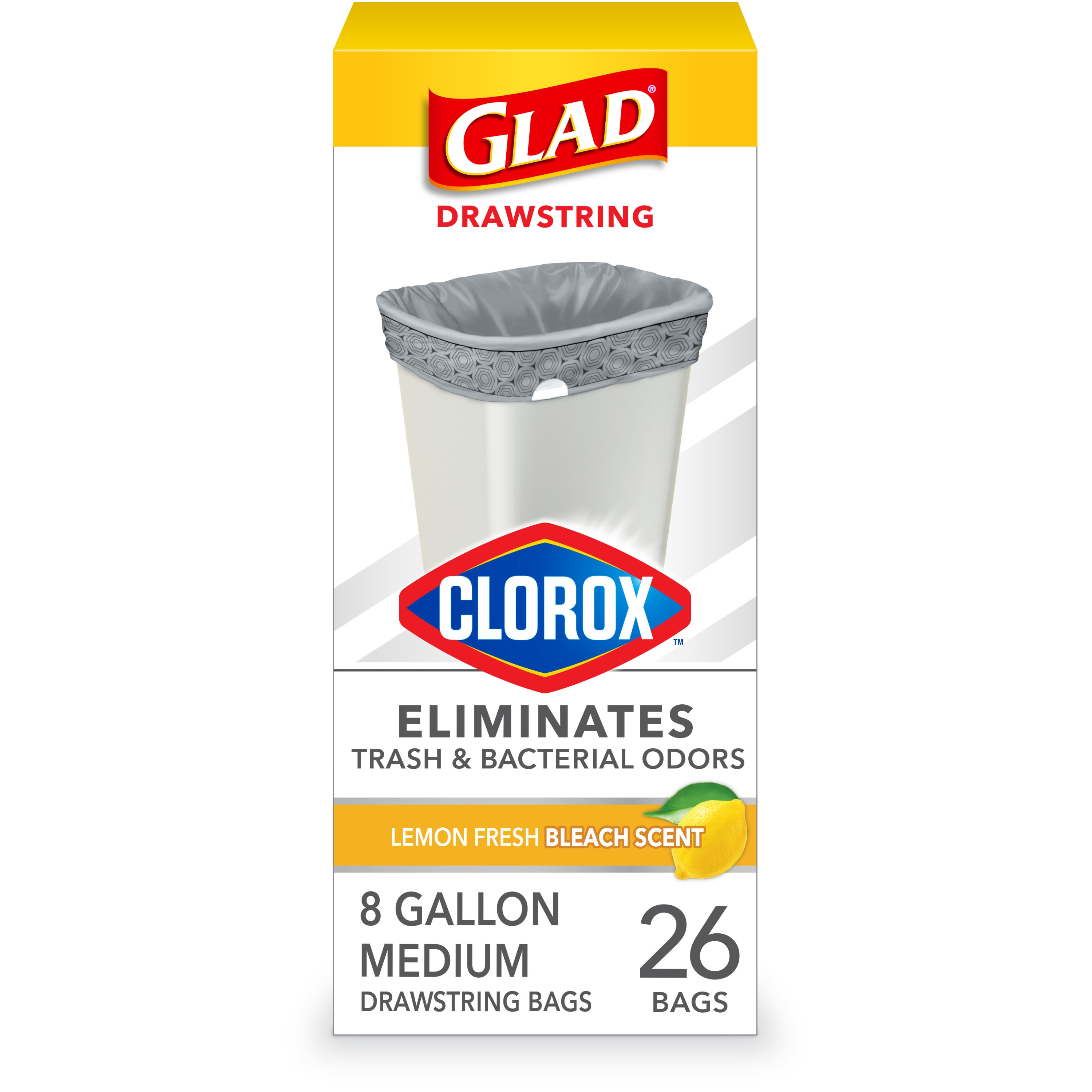 Glad With Clorox 8-Gallon Lemon fresh bleach Gray Indoor Plastic Wastebasket Drawstring Trash Bag 26 -Count