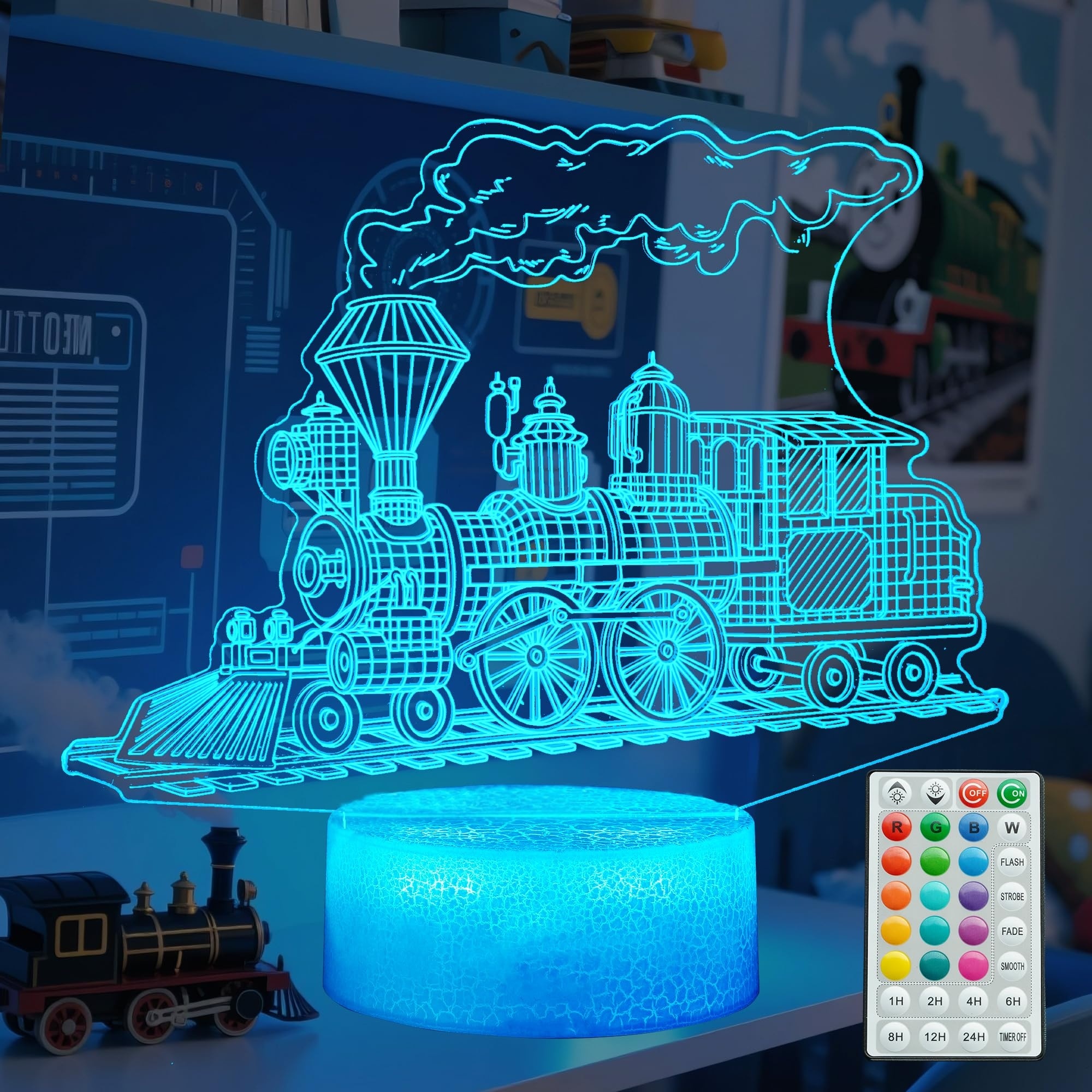 Vrbgify  3D Train Night Light with Remote Control 16 Color Changing LED Table Lamp for Kids Room Bedroom Nursery Holiday Birthday Christmas Gift