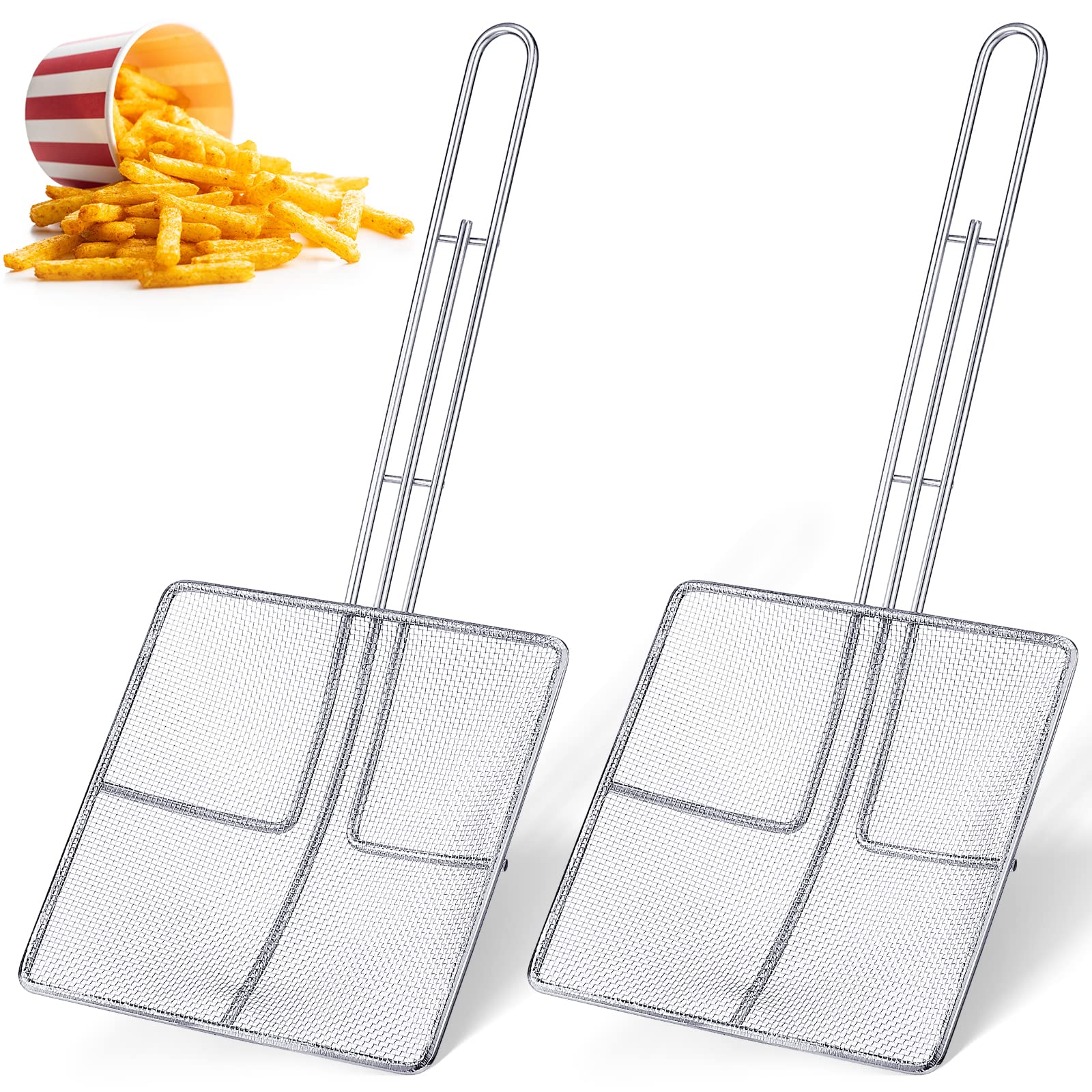 LILILIAN FMY  Square Fine Mesh Skimmer Spider Strainer for Deep Fryer with Long Handle Stainless Steel Kitchen Tool 6.7 by 6.7 Inch Set of Two