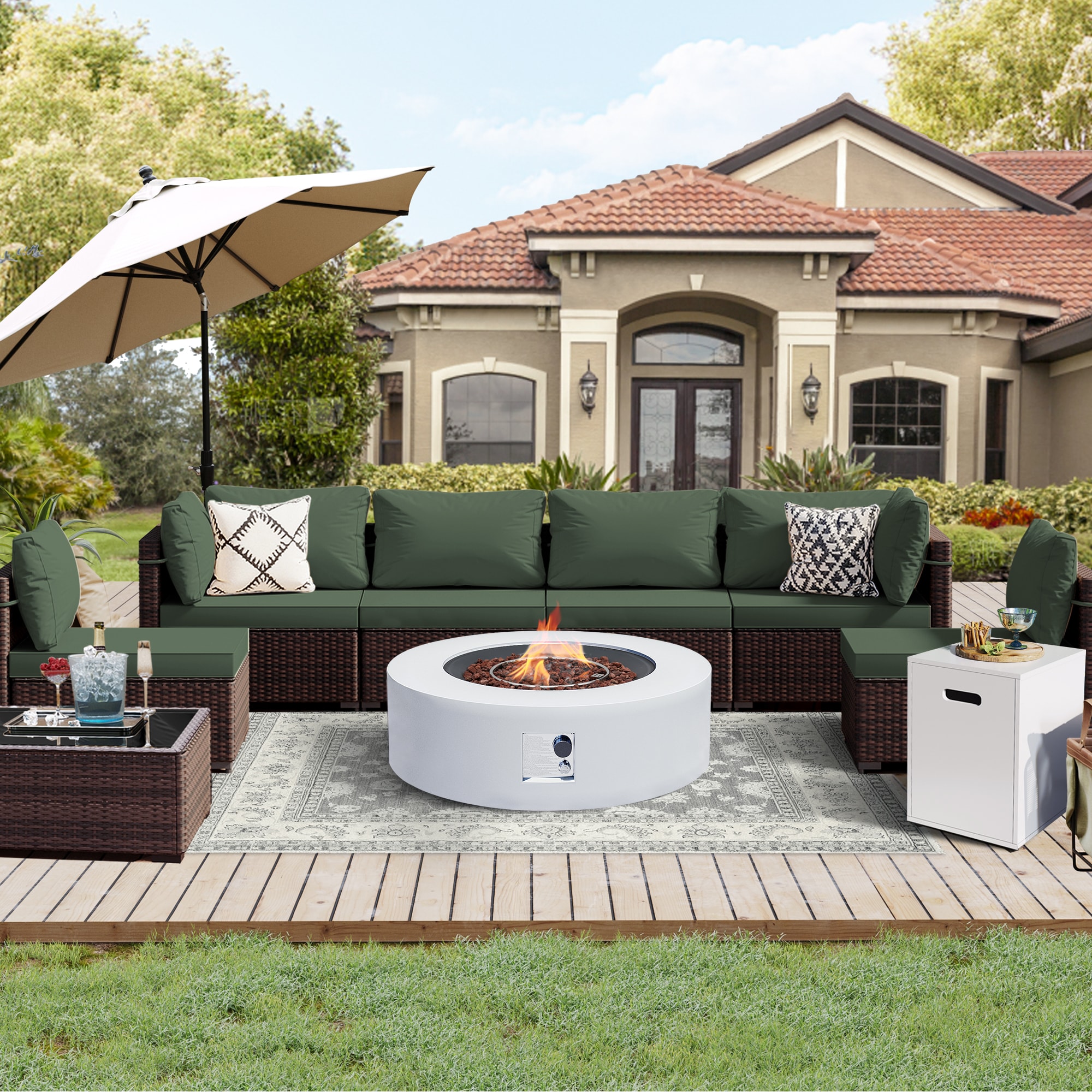 UPHA PL-2CZ-42TPWH-Z2 Brown Wicker Patio Furniture Set 9 -Piece Wicker 4 Patio Sofa Conversation Set with Green Cushions