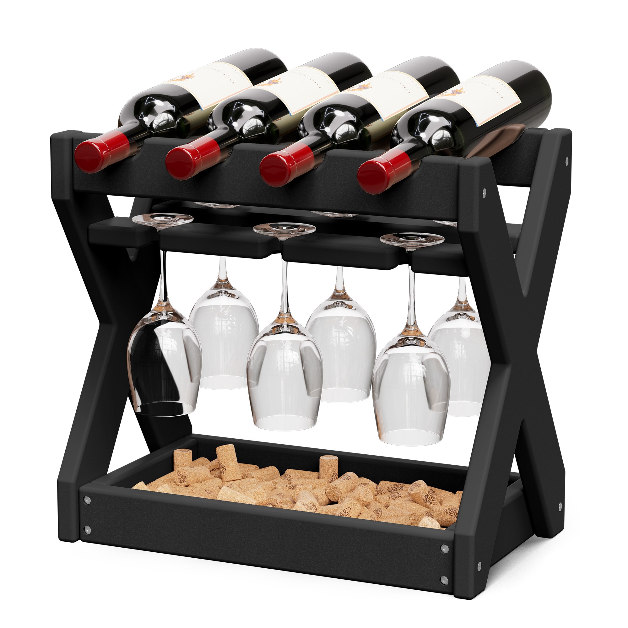 Serwall Countertop Wine Rack with Glass Holder HDPE 3-in-1 Wine Storage Rack for 4 Bottles and 6 Glasses Wine Holder Stand for Cabinet Pantry  Wine Bottle Storage Black