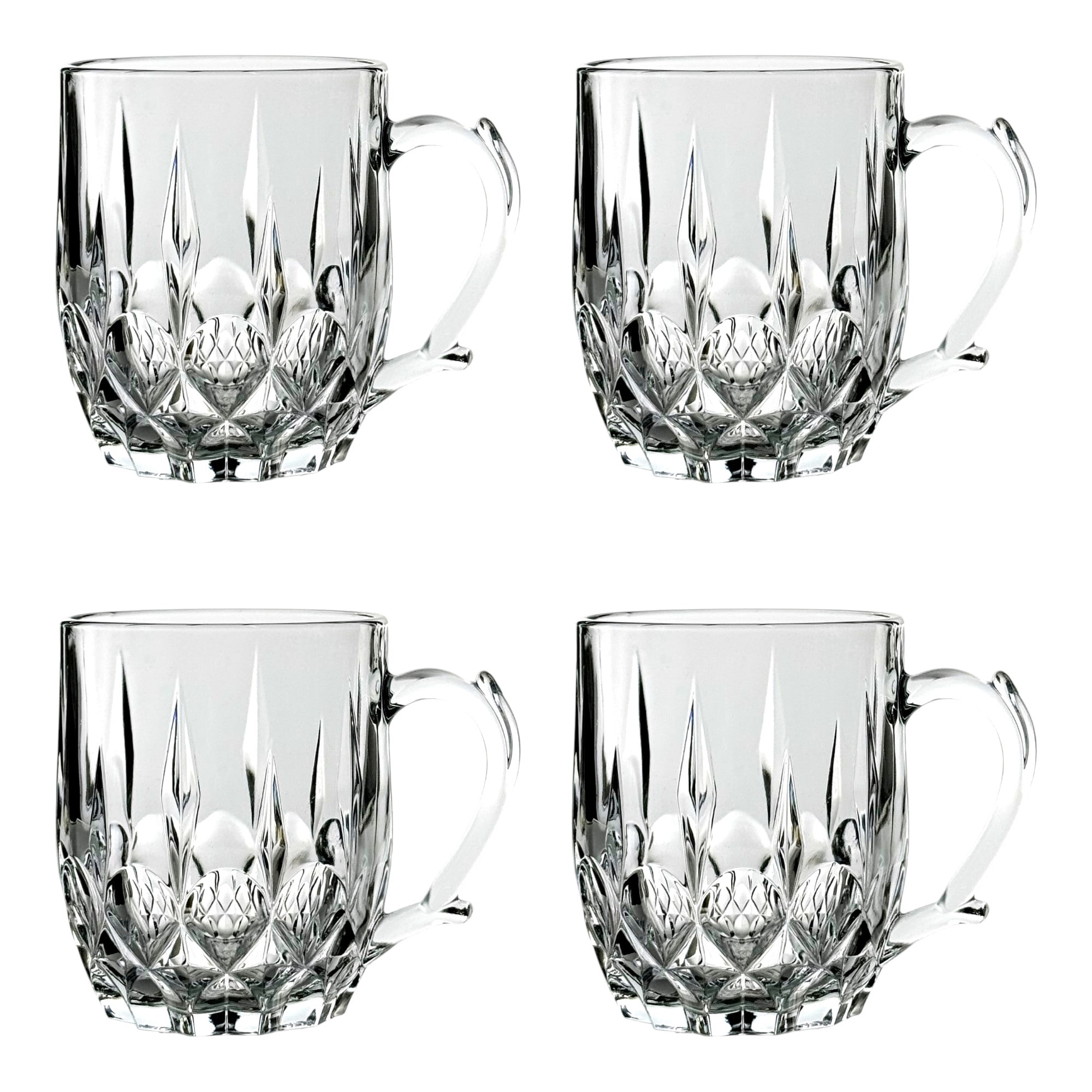 Slickblue 13 oz Lead Free Crystalline Glass Clear Coffee Tea Glass Mug 4 Pack Flower Pattern Decorative Handle