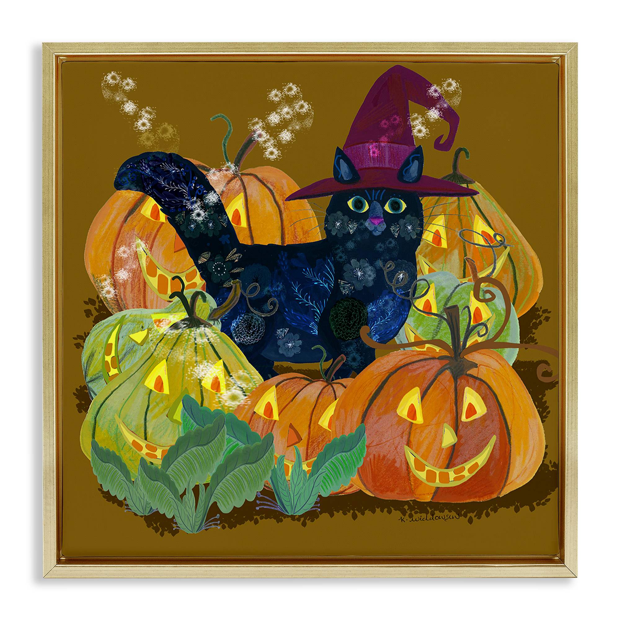 Stupell Industries BS-592-FFG-17X17 Cat with Jack-o-Lanterns Floating Frame design by Kay Widdowson