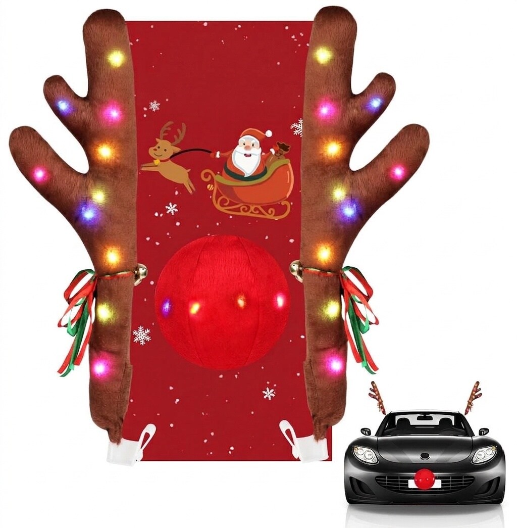 Aoibox  Christmas Reindeer Car Kit Antlers and Nose for Decorations Sturdy Rudolph Reindeer with LED Jingle Bells
