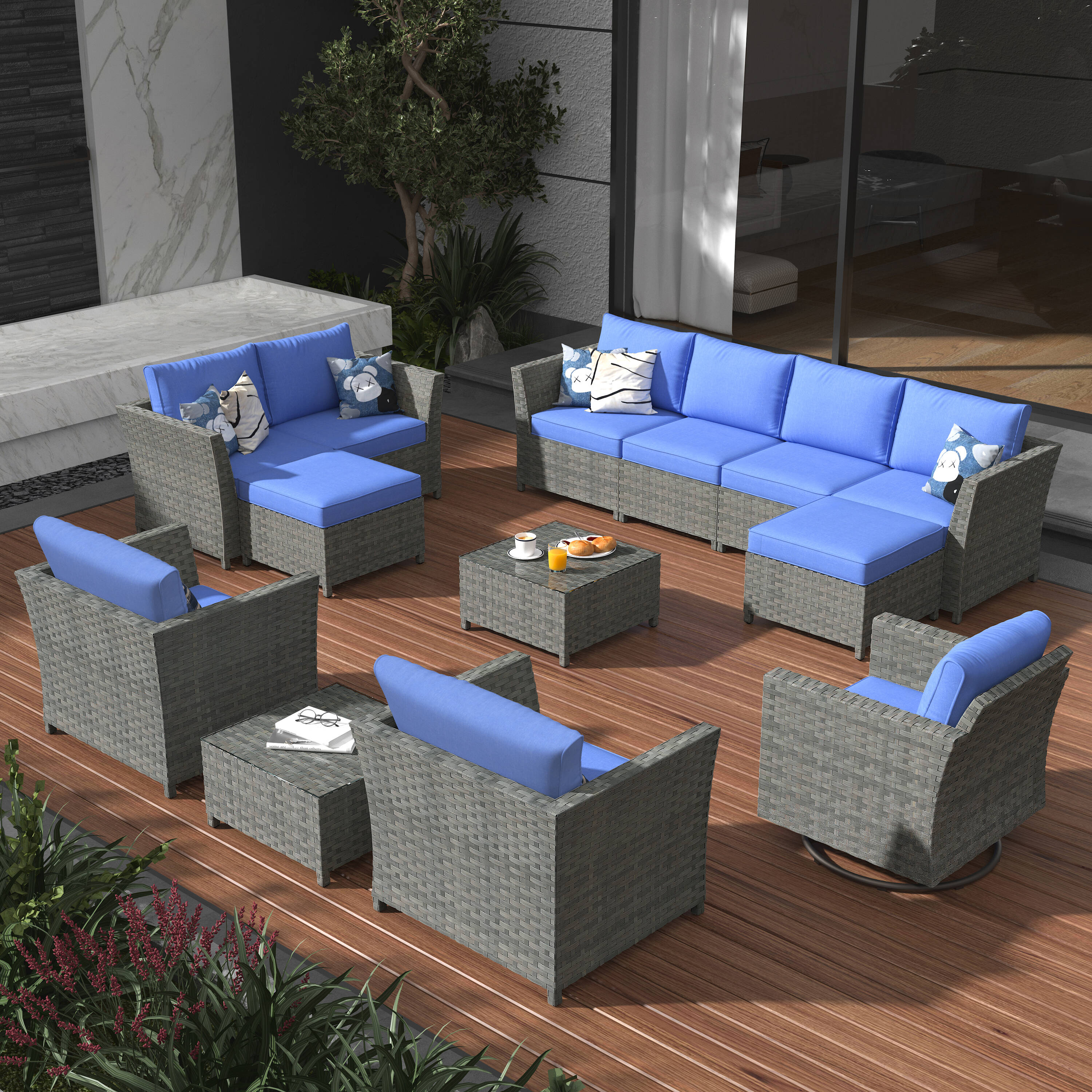 XIZZI XIBRS7135-RC2 Pervinca 13 -Piece Rattan Patio Sofa Conversation Set with Blue Cushions