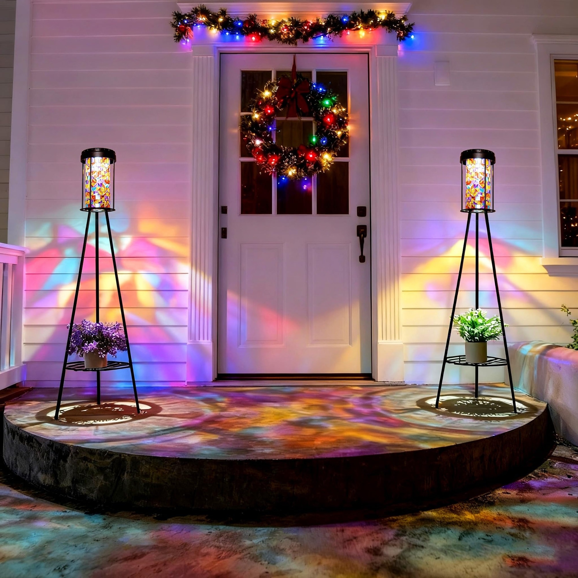 Oyezvary 2 Pack Solar RGB Outdoor Floor Lamps with Stained Glass