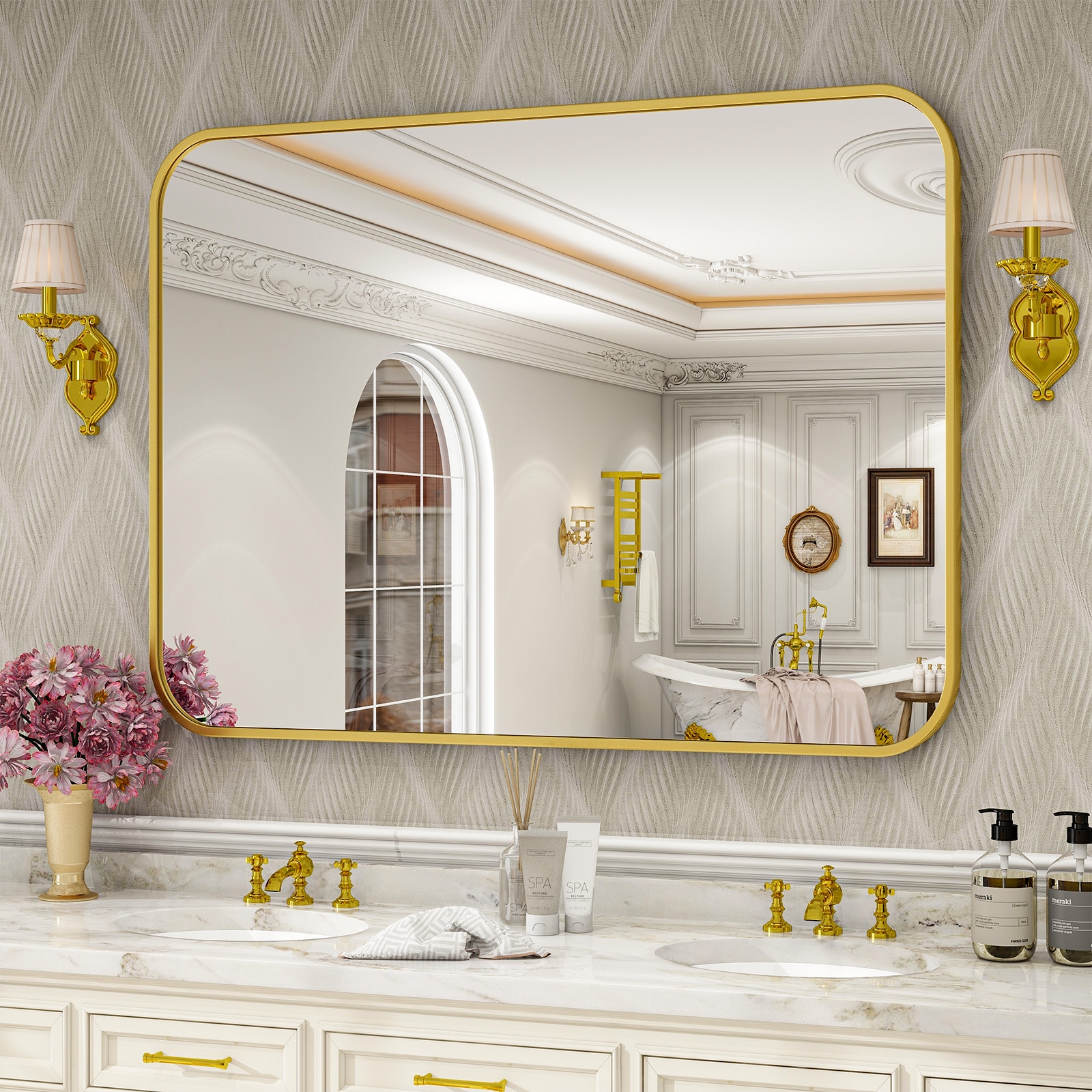 BEAUTYPEAK RE3040G 30-Inches W x 40.0-Inches H Rectangle Gold Framed Wall Mirror