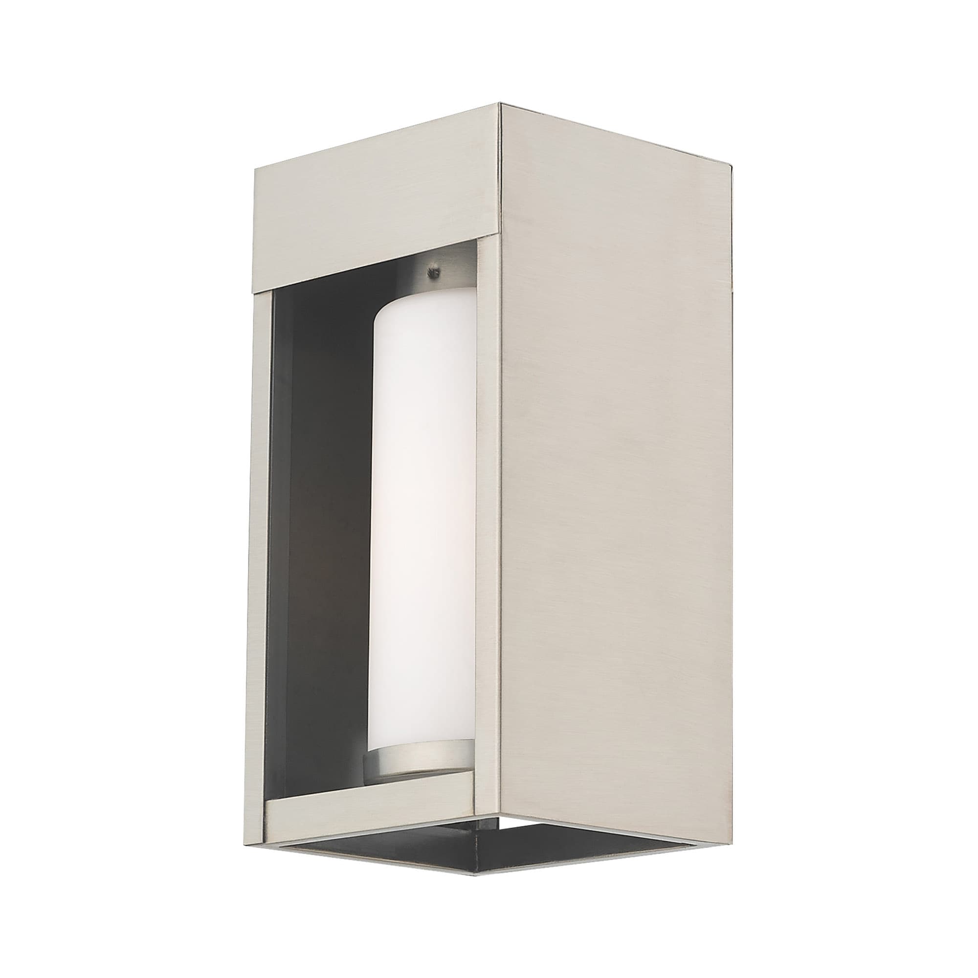 Contemporary Brushed Nickel Outdoor Wall Lantern with Satin Opal White Glass