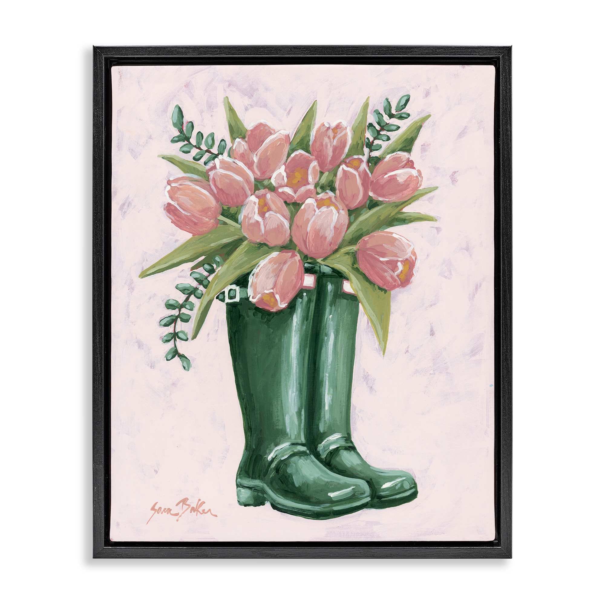 Stupell Industries BS-672-FFB-16X20 Pink Tulips in Boots Black Framed Floater Canvas Wall Art By Sara Baker 17 x 21