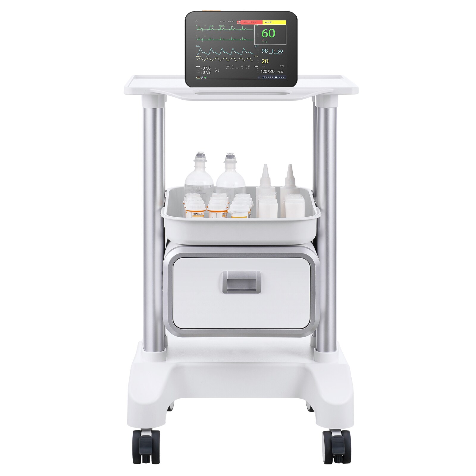 GIVIMO 2-Tier Lab Utility Cart with 110-lb Capacity in ABS Mobile Medical Cart with 1 Drawer and 4 Silent Wheels for Clinic Salon