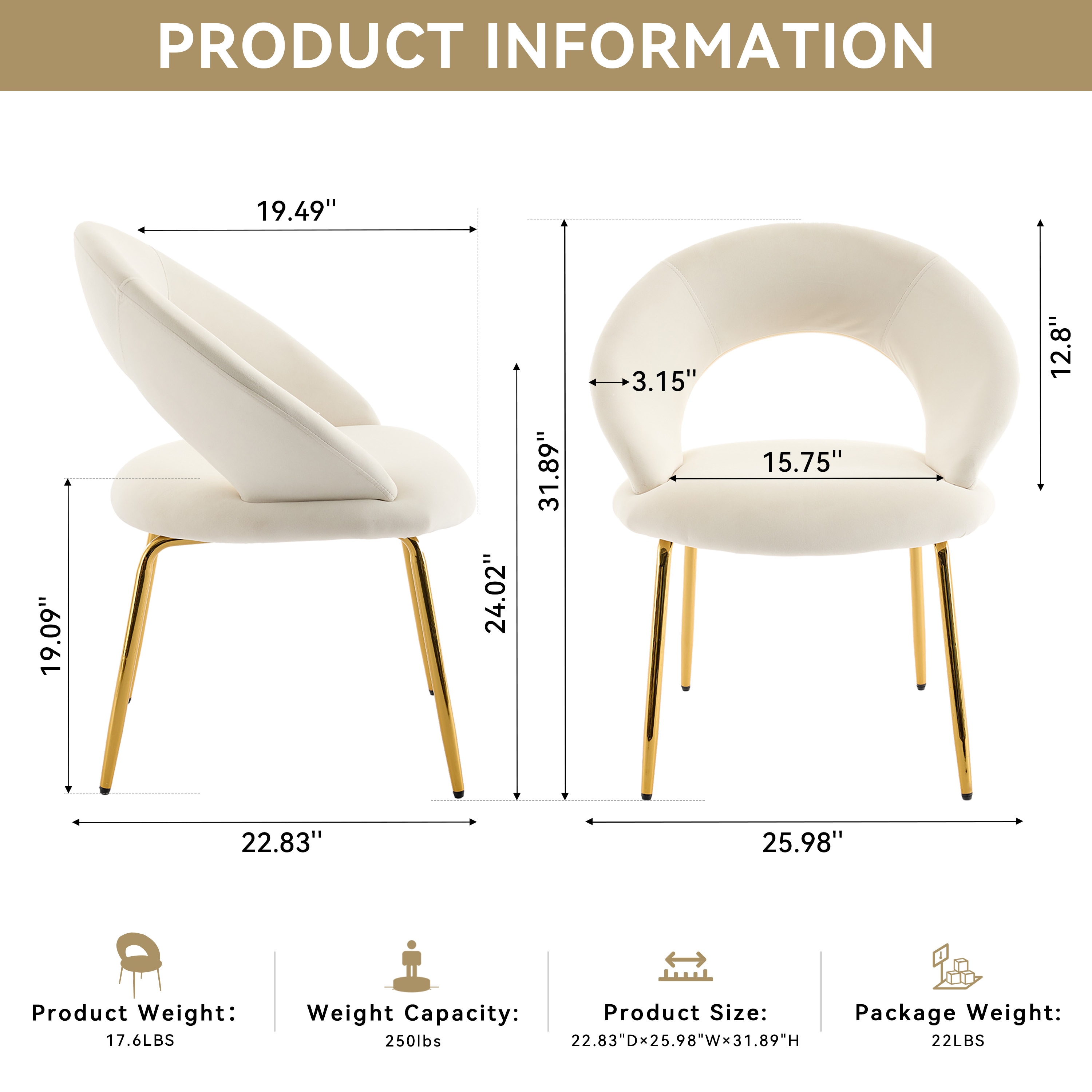 LUXEYARD Set of 1 Velvet Fabric Dining Chairs With Curved Backrest and ...