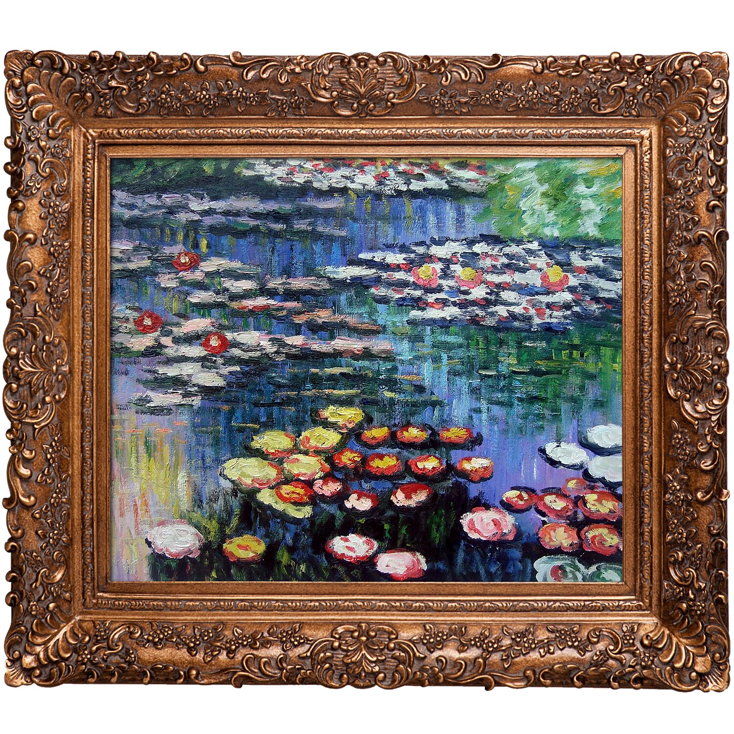 La Pastiche 688576977058 Water Lilies (pink) Claude Monet Gold Wood Framed 29.5-Inches H x 33.5-Inches W Floral Canvas Hand-Painted Painting