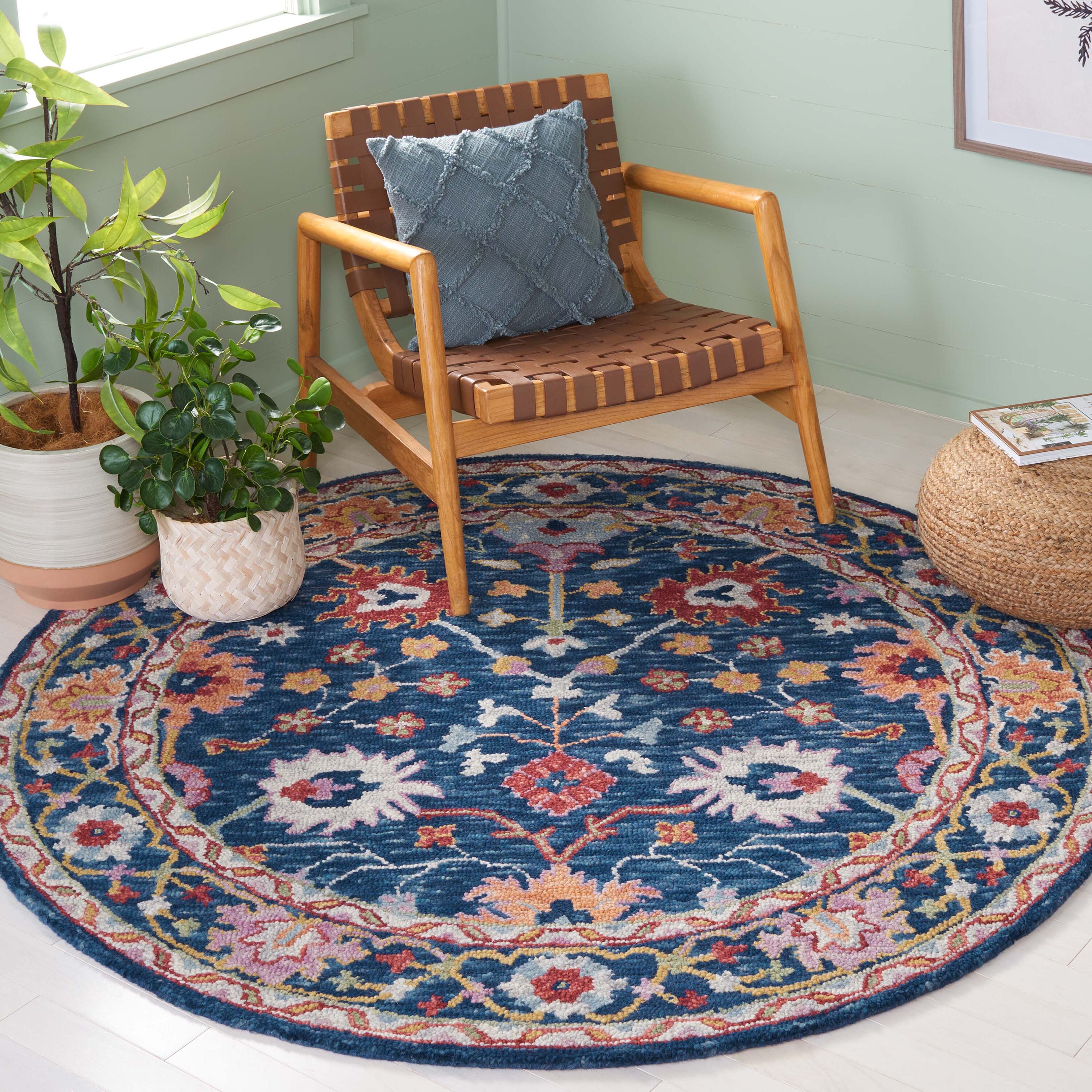  Blossom 686 Blue/Red Traditional 6ft x 6ft Round Rug