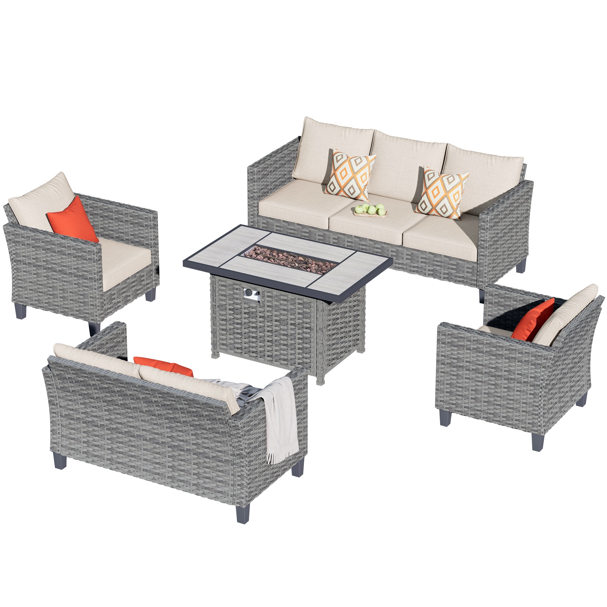 Pouuin SRFPYZGRS206 6-Piece Rattan Patio Conversation Set with Gray Cushions