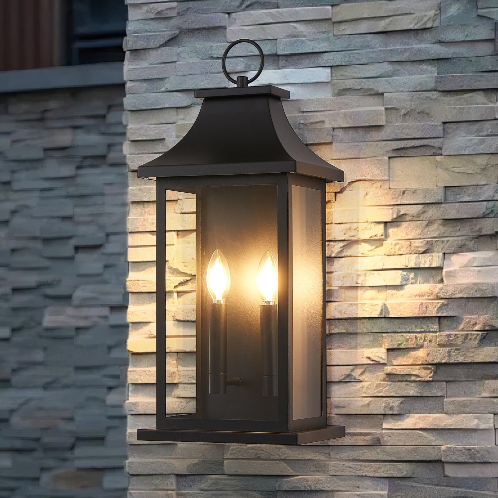 Basdien - 22 in Black Large Outdoor Wall Light Fixture 2 Lights E12 Iron Tempered Glass Lantern P...