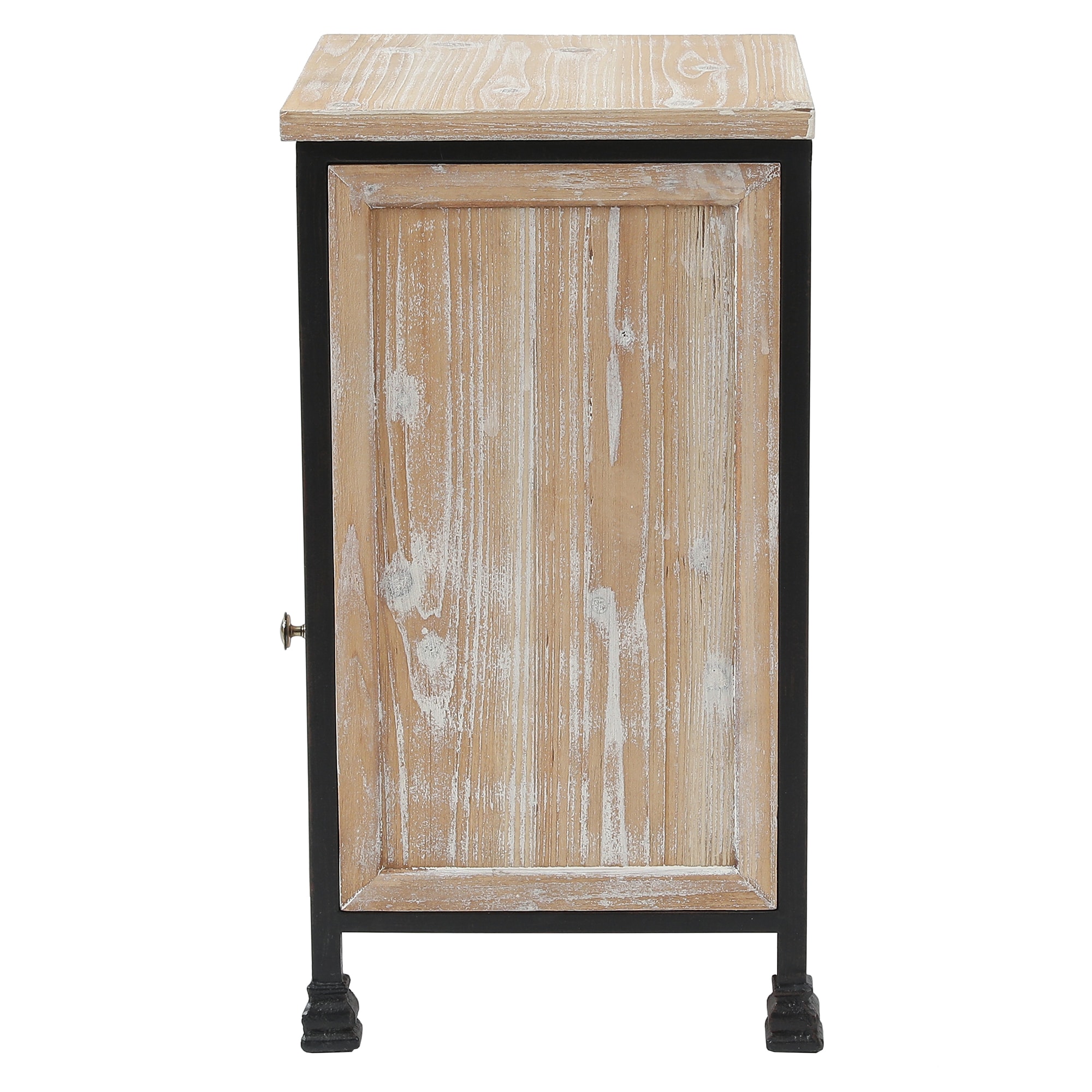White Fir Wood and Black Iron Bohemian Nightstand with Storage