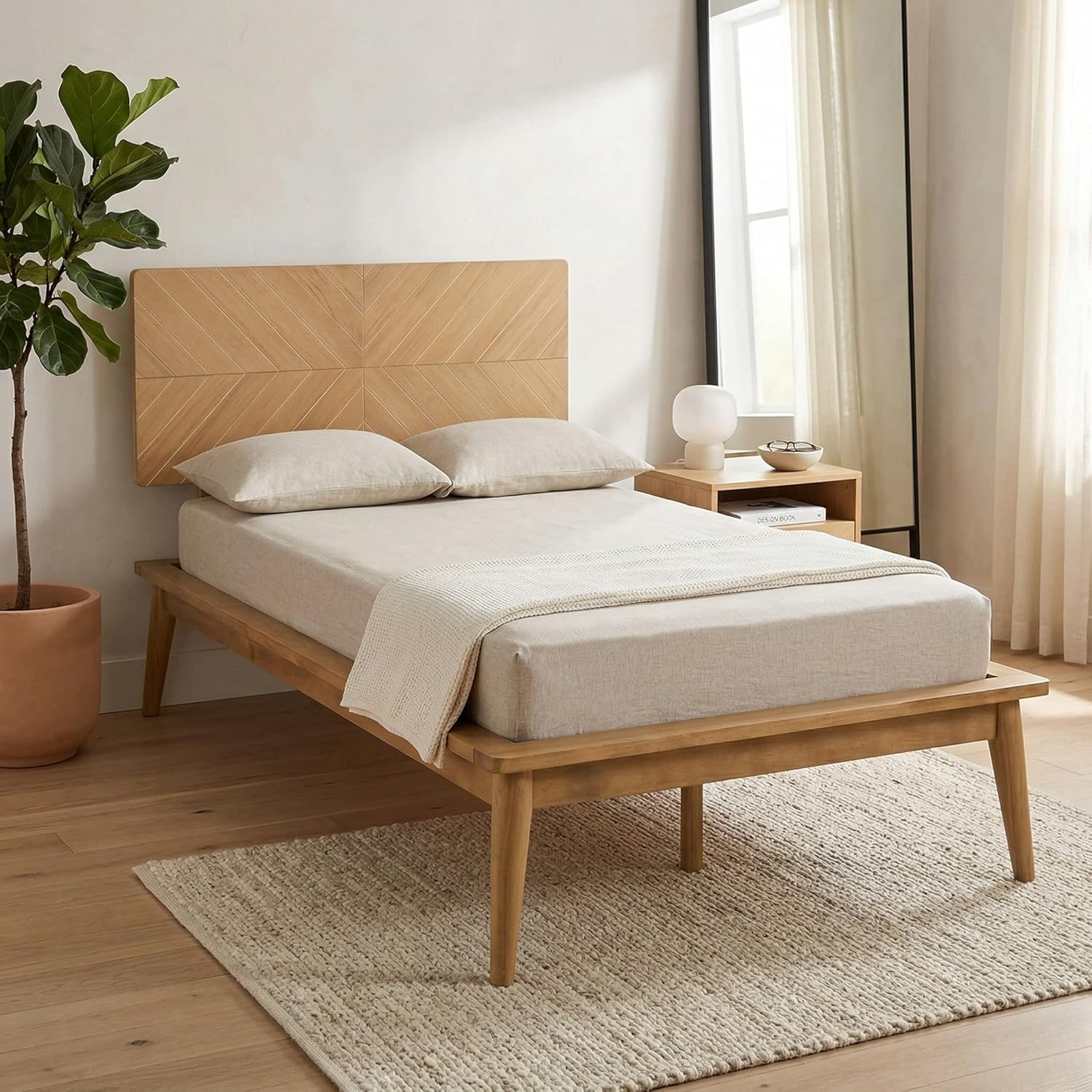 Allforwood Loki Light Oak Twin XL Wood Platform Bed with Herringbone ...
