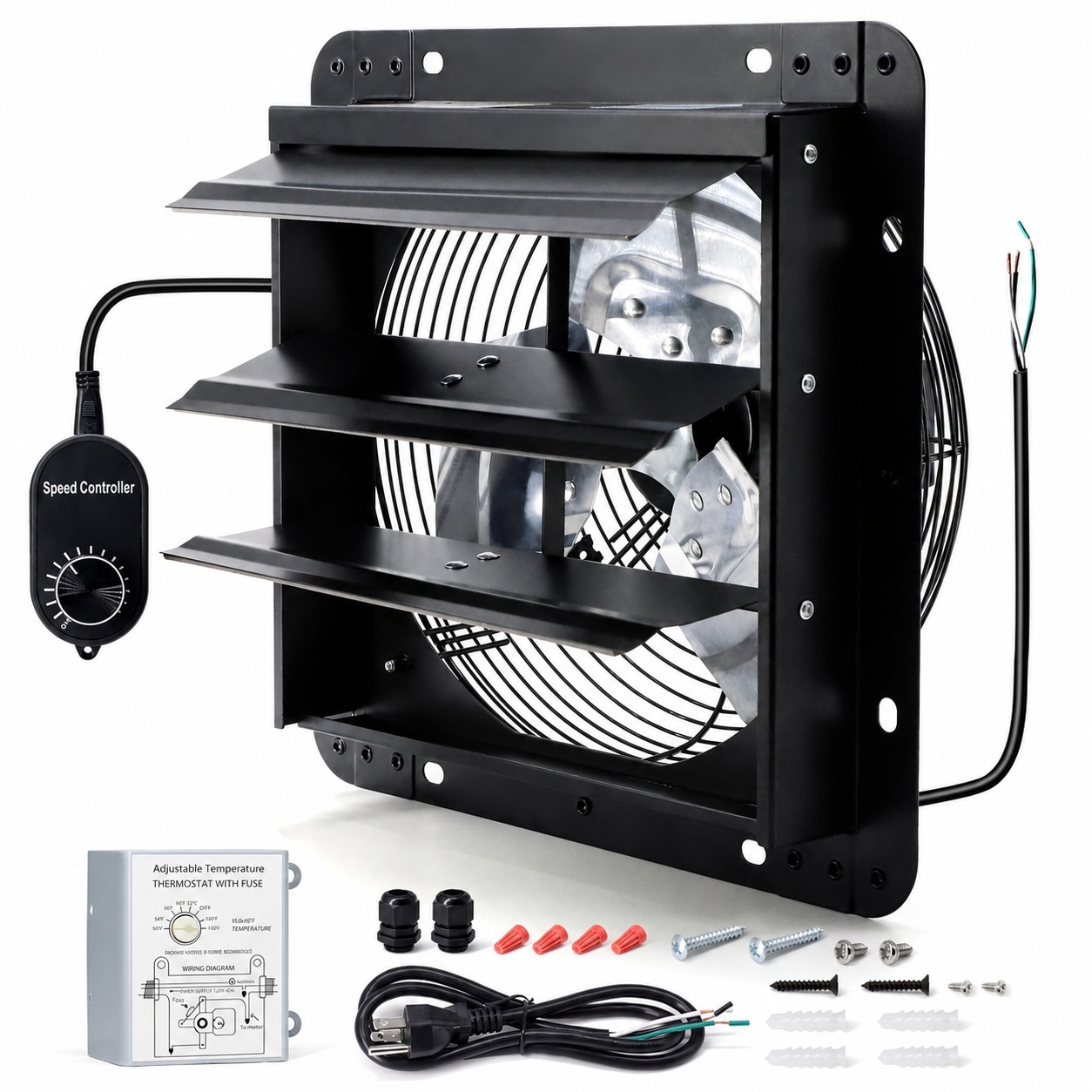 Lukvuzo  7 Inch Wall Mounted Shutter Exhaust Fan with Thermostat and Speed Controller for Attic Greenhouse Shed Garage Barn Ventilation 760 CFM
