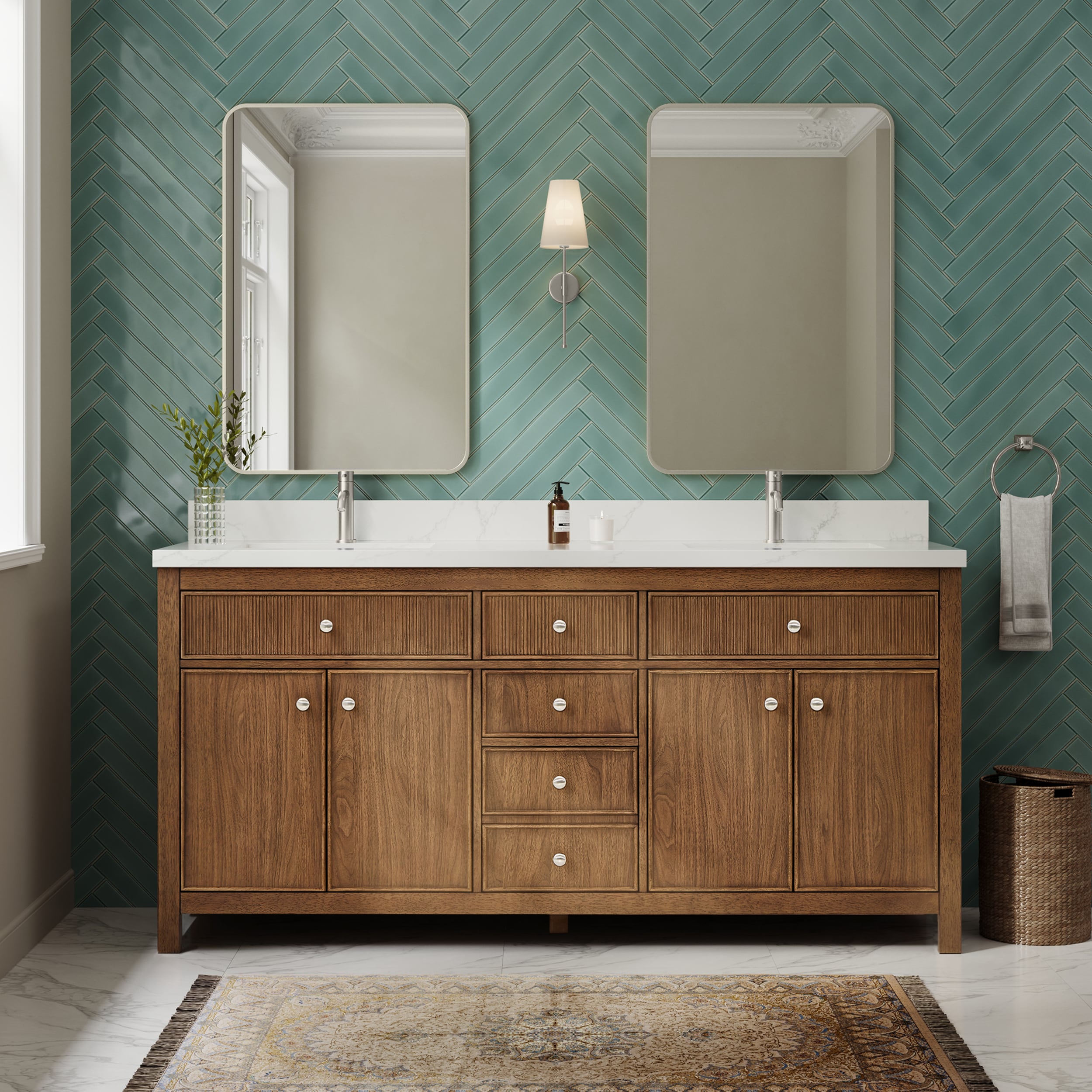 Wyndham Collection Rian 72 Inch Double Bathroom Vanity in Toasted Walnut, Giotto Quartz Countertop, Undermount Square Sinks (1-Hole), Brushed Nickel Trim