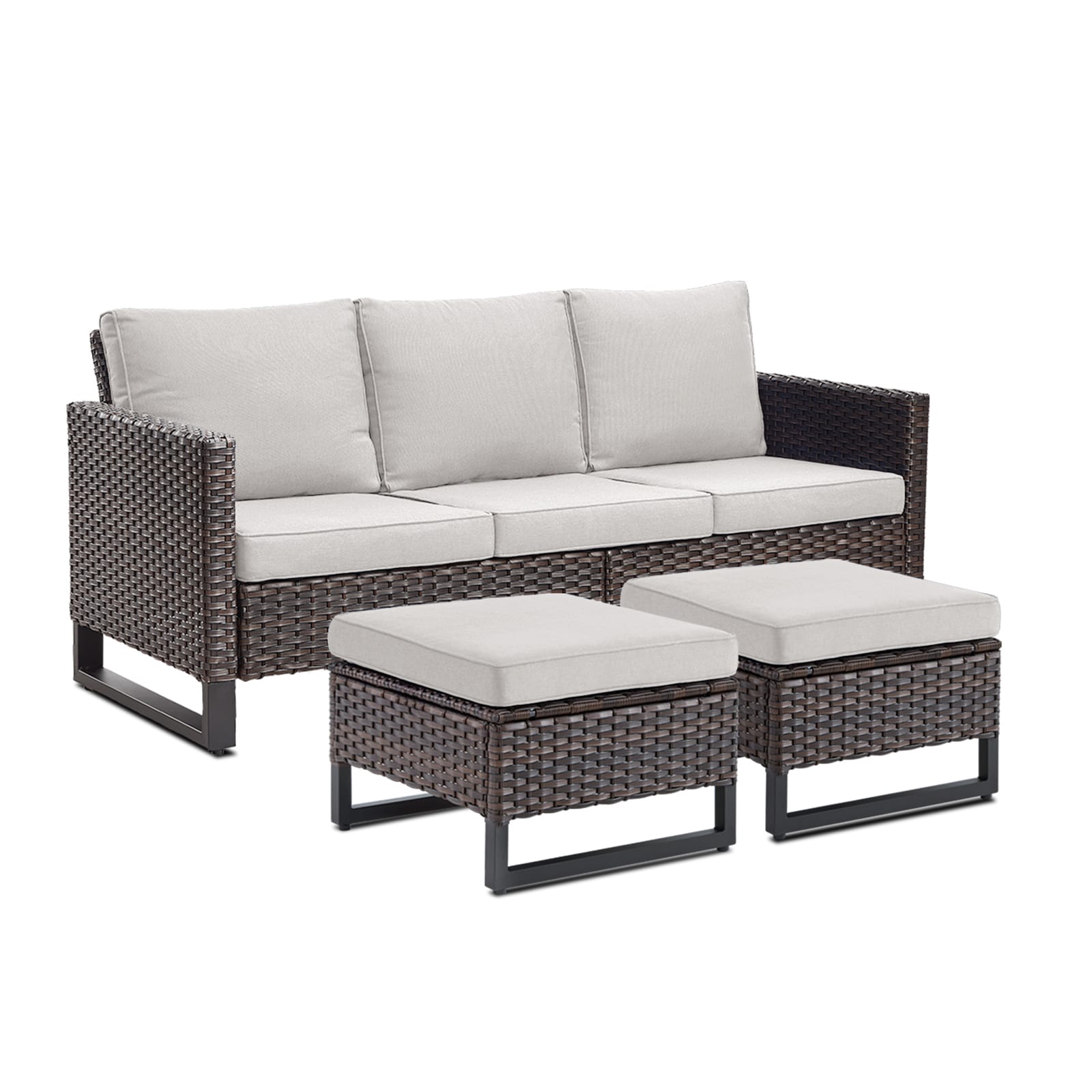 Rilyson FS118119-2 U-Shaped Wicker Outdoor Sofa with Beige Cushions and Wicker Frame