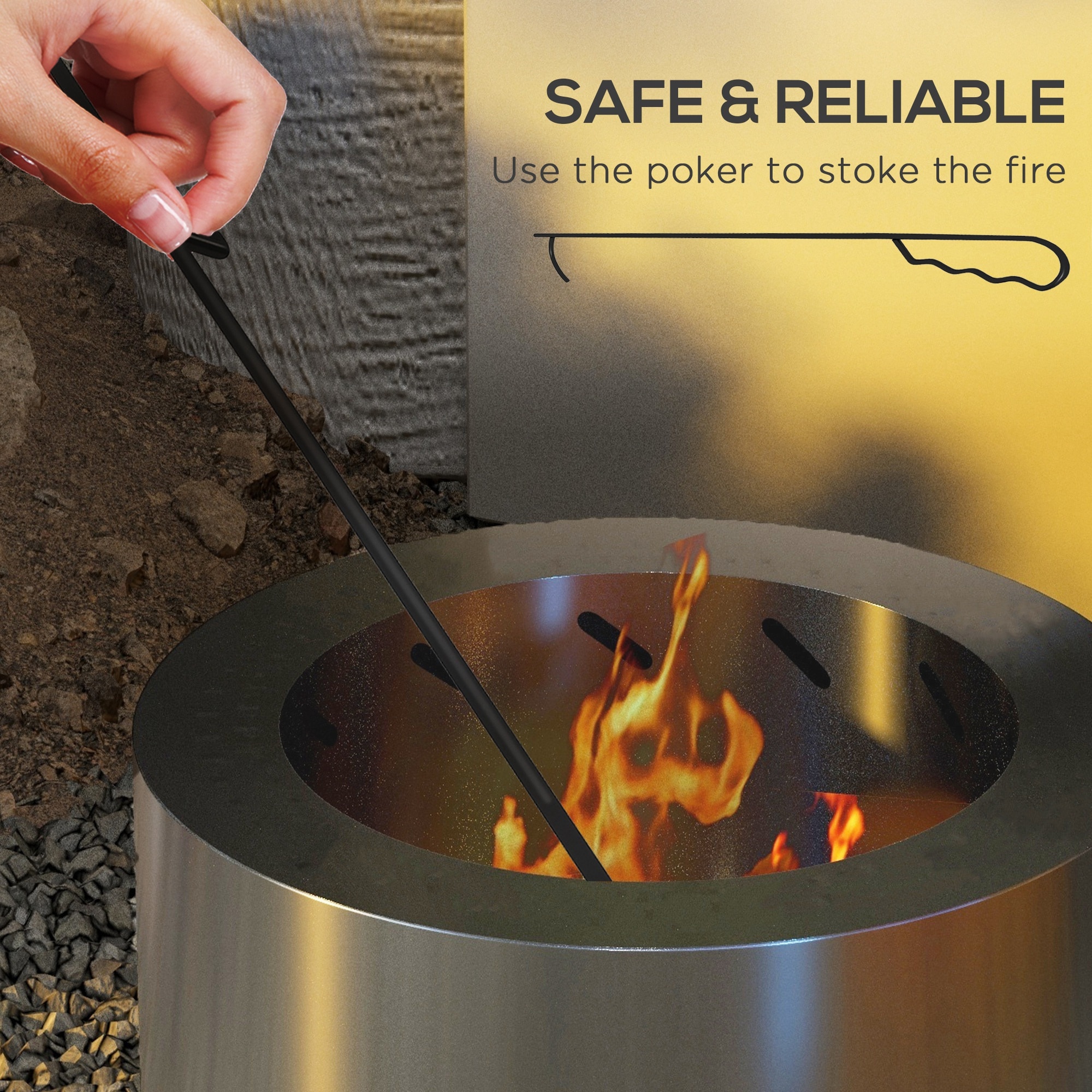 Silver Stainless Steel Smokeless Wood Burning Fire Pit with Poker