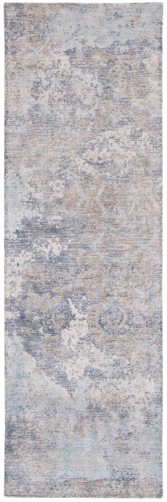Handmade Blue and Ivory Wool and Viscose Runner Rug
