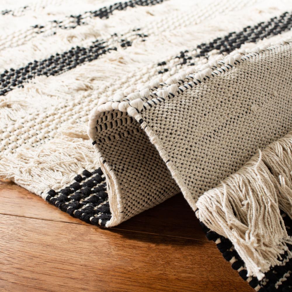 Ivory and Black Striped Wool Cotton Area Rug, 5' x 8'
